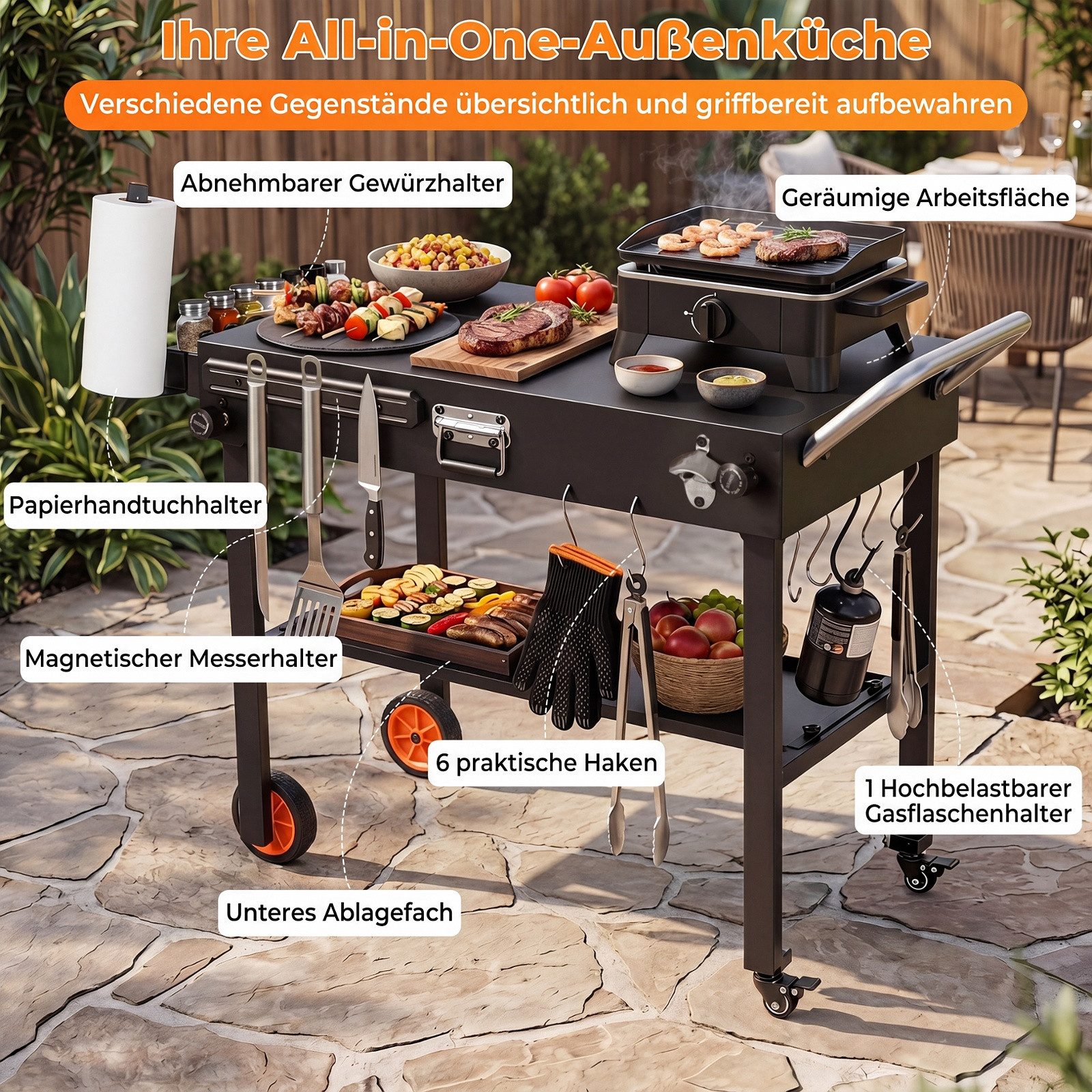 COSTWAY Grillablagetisch, Klappbarer, mit Rollen, Arbeitsfläche & Hitzeschutzmatte