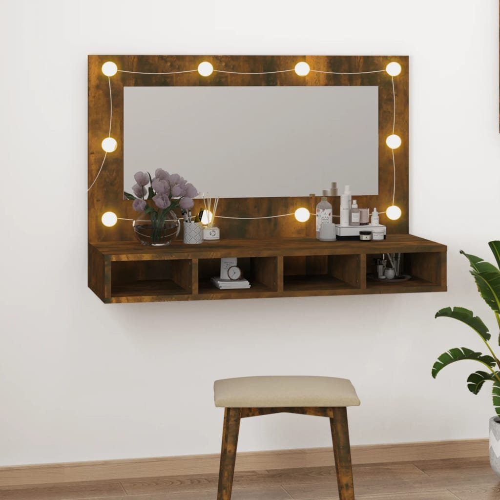 vidaXL Badezimmerspiegelschrank Spiegelschrank 90x31,5x62 mit cm (1-St) LED Räuchereiche
