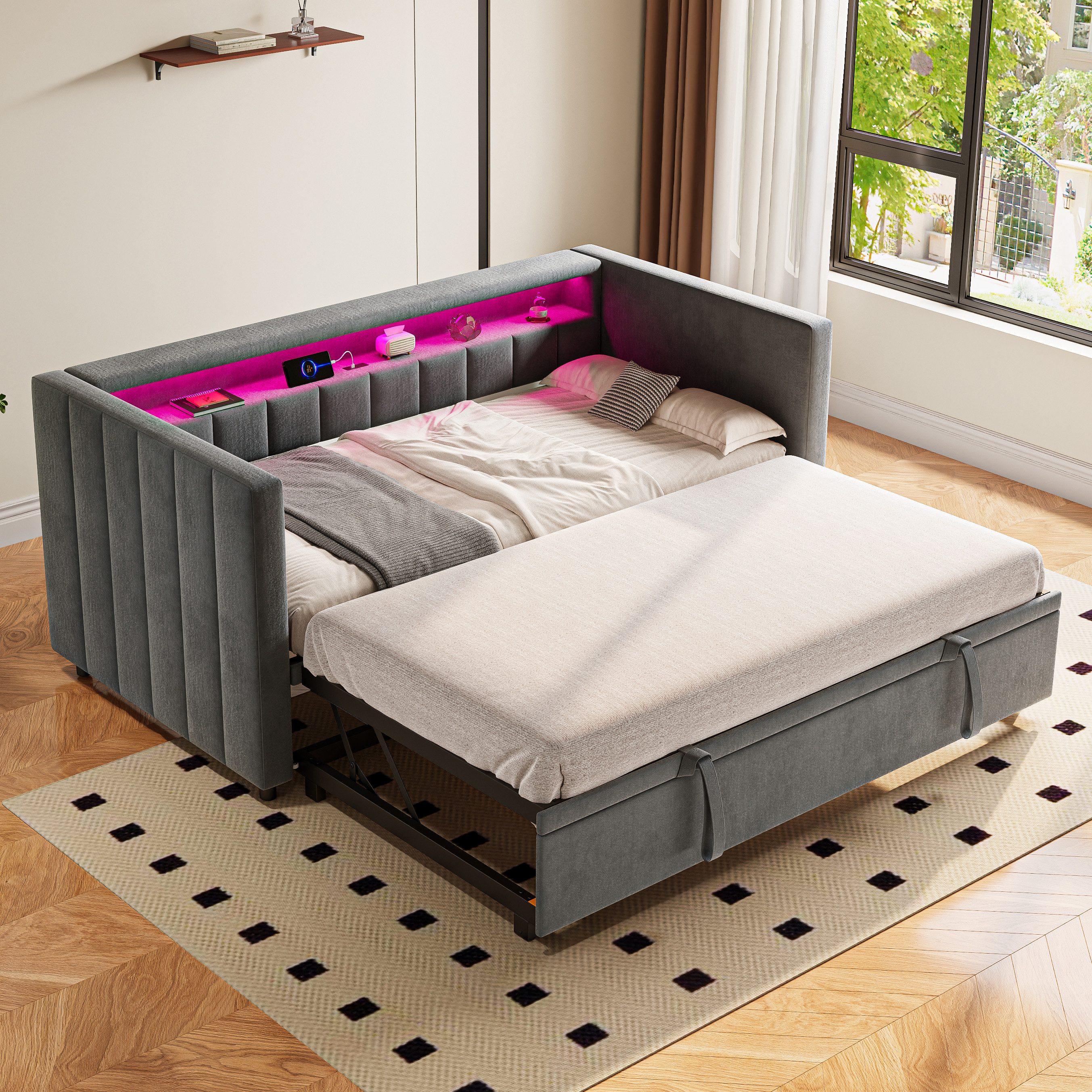 OKWISH Schlafsofa Polsterbett Funktionsbett, mit ausziehbarem Bett, LED-Ambiente und USB-Type-C-Anschluss 90x190 & 180x190 cm, ohne Matratze