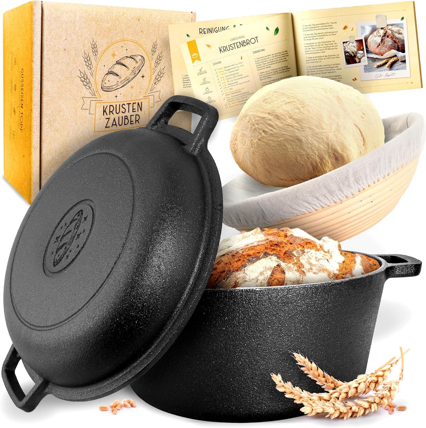 Krustenzauber Brotbackform 26cm Gusseisen Topf Brot Backen inkl. Gärkorb, (Robuster Brottopf mit Deckel - Idealer Brotbacktopf), Brotbackset Gusseisentopf Brotbacken, Brot Backen Zubehör, Brotform