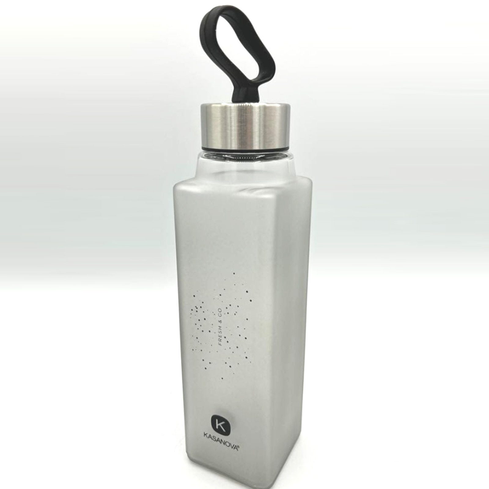 KASANOVA Trinkflasche PURE Robust Auslaufsicher Wiederverwendbar mit Outdoor, Glas Wasserflasche Premium Grau Glasflasche Silikonschlaufe Indoor 420ml