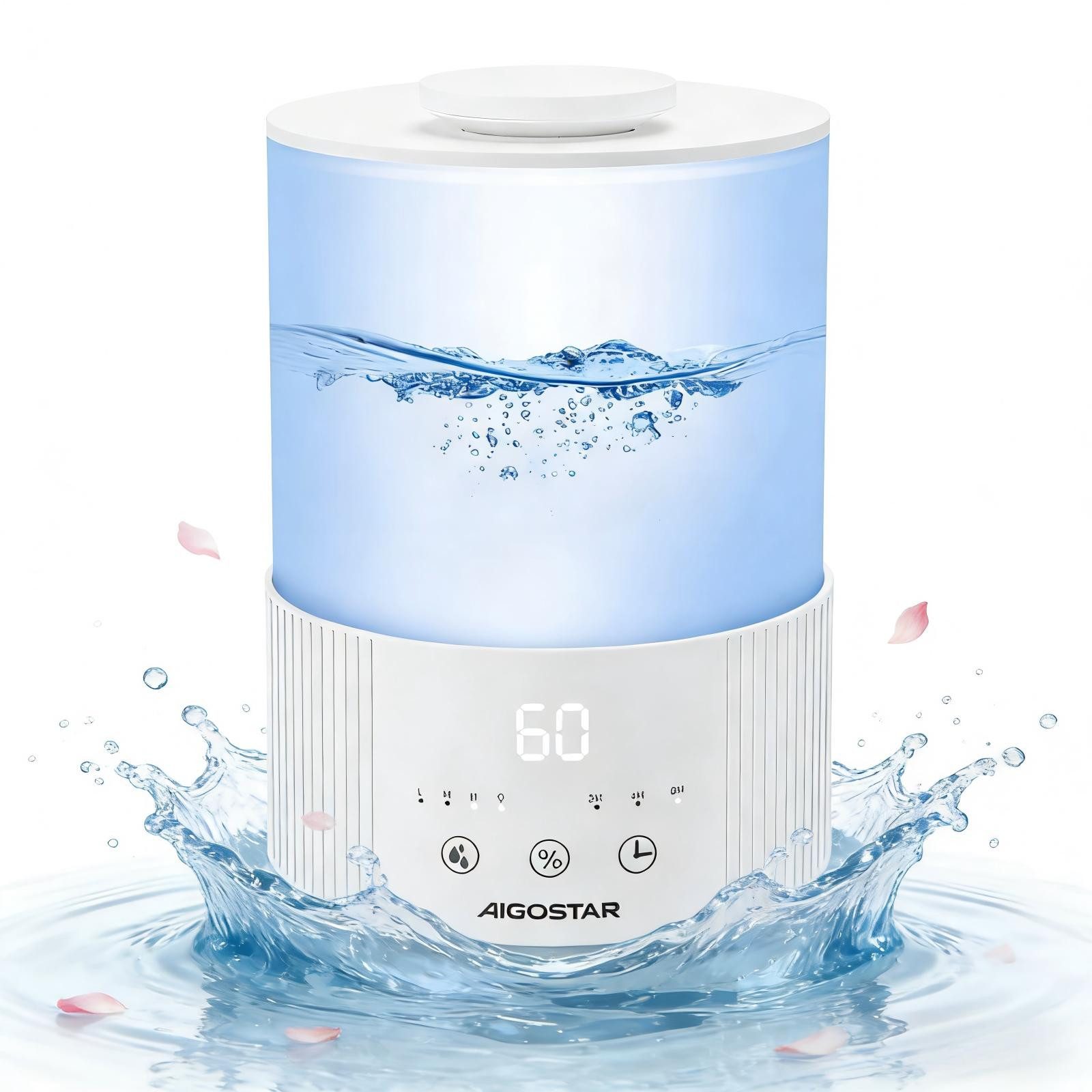 Aigostar Luftbefeuchter leise Ultraschall-Luftbefeuchter für Schlafzimmer 7 Farblichter, 2,50 l Wassertank, Timer, Nachtlicht, Aromadiffusor, Abschaltautomatik, Geräuscharm