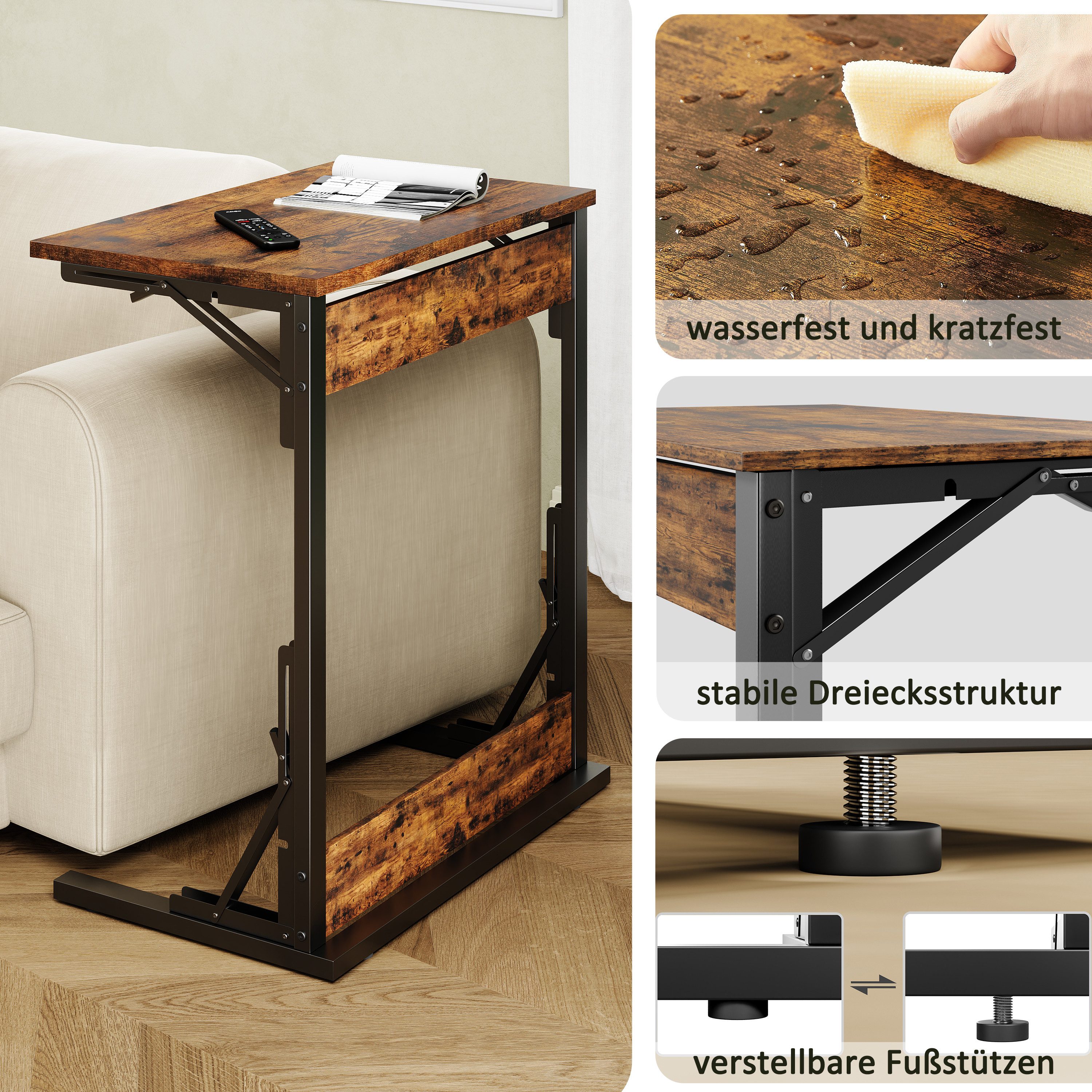REDOM Beistelltisch Kaffeetisch, Klappbar, Metallrahmen & verstellbare Füße, C-förmiger (Wohnzimmertisch Sofatisch), auch als TV-Tablett, 60 x 37 x 71 cm