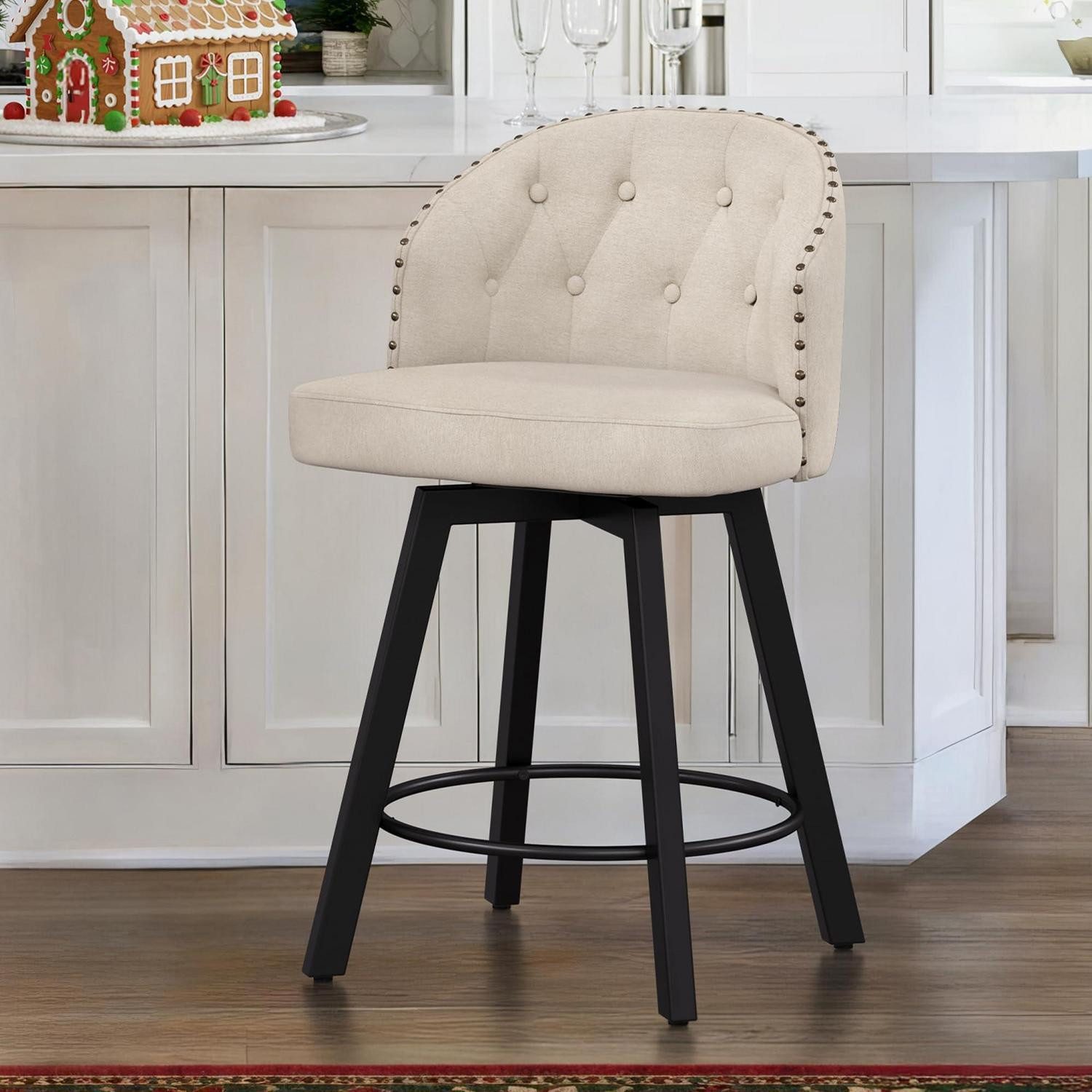 LuxusKollektion Barhocker Barhocker Drehbar Lehne 65cm Metall Leinen 4 Beine Leinenfarben 1