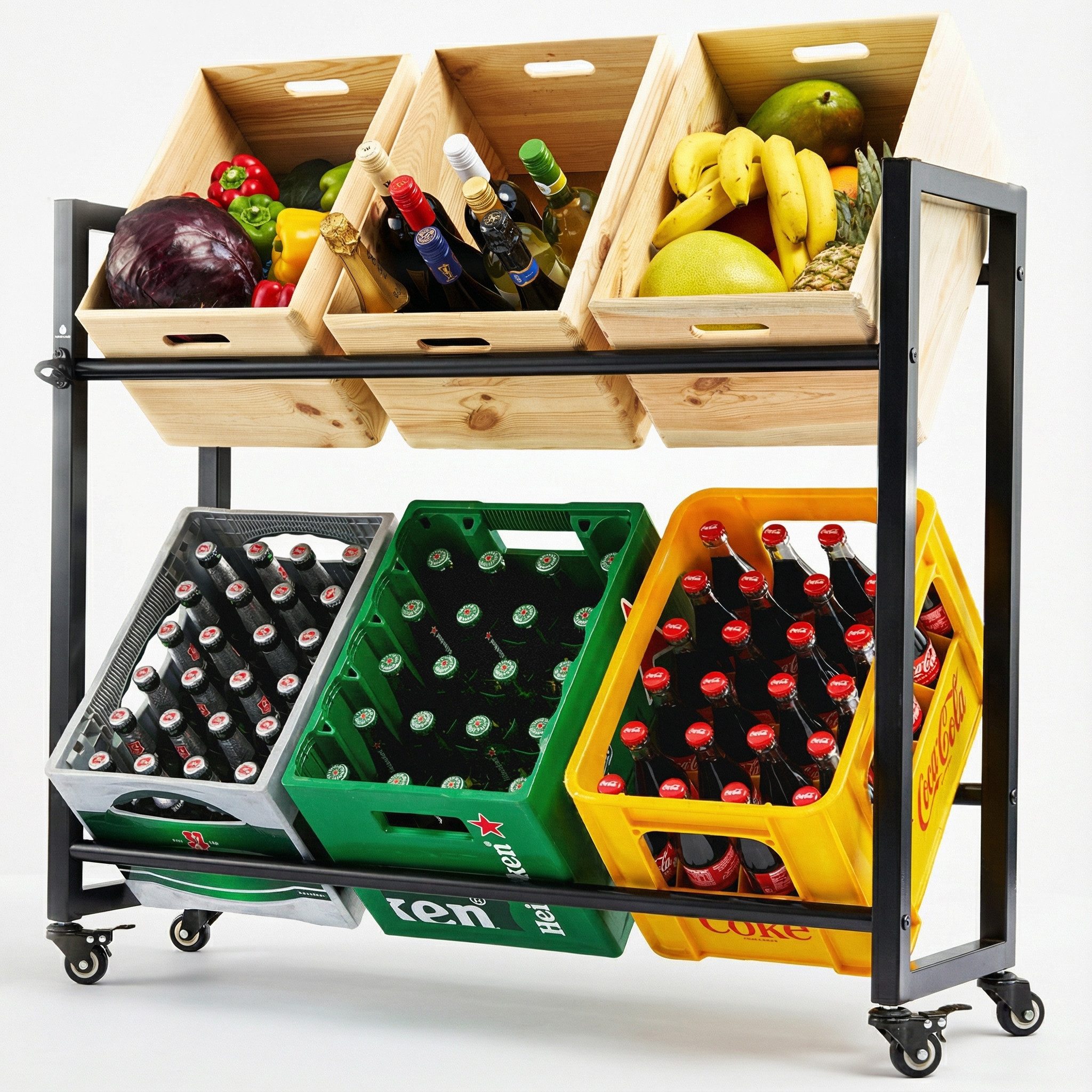 KARASTEIN Regalelement Getränkekistenregal aus Stahl für 4/6 Kisten mit Rollen, Getränkekistenregal aus Stahl für Bier- und Wasserkisten, platzsparend