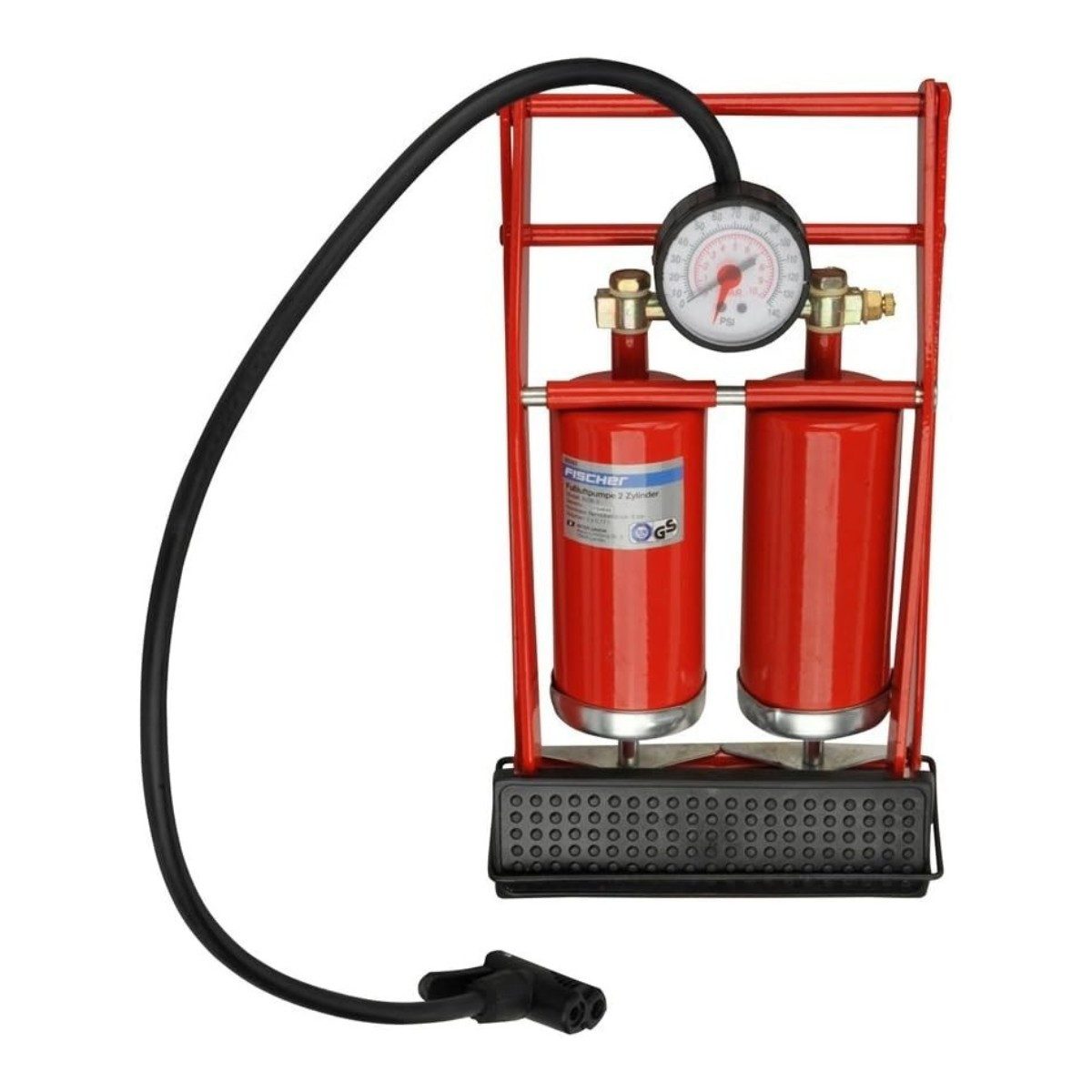Fischer Luftpumpe Fußpumpe Doppelzylinder Duo-Kopf mit Manometer Fahrradpumpe (Analog, mit Doppelzylinder, Mit Manometer, Inkl. Ballnadel und Adapter), Luftpumpe Tretpumpe Reifenpumpe Ballpumpe
