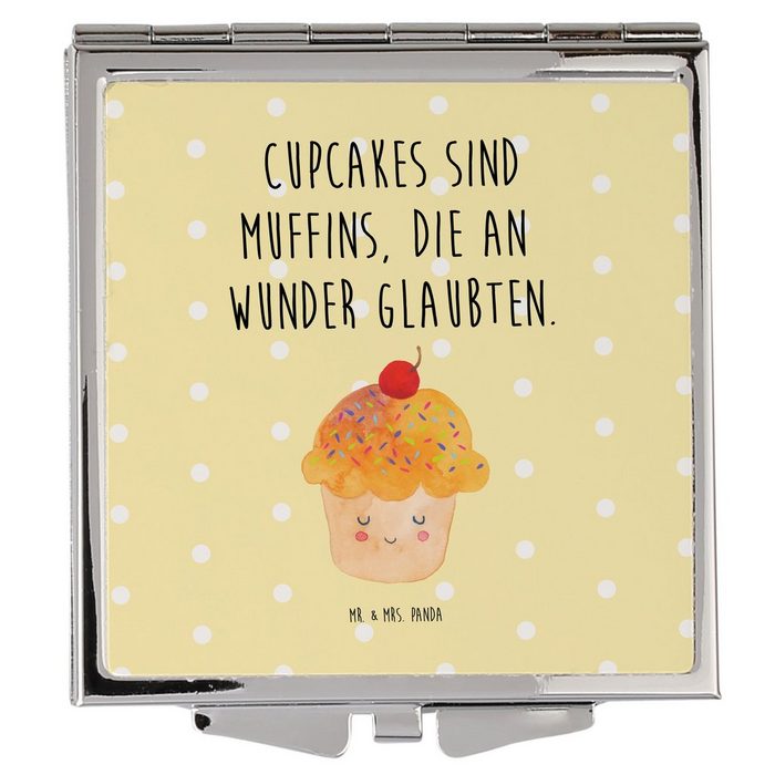 Mr. & Mrs. Panda Kosmetikspiegel Cupcake - Gelb Pastell - Geschenk Quadrat Küche Deko lustige Sprüc (1-St)