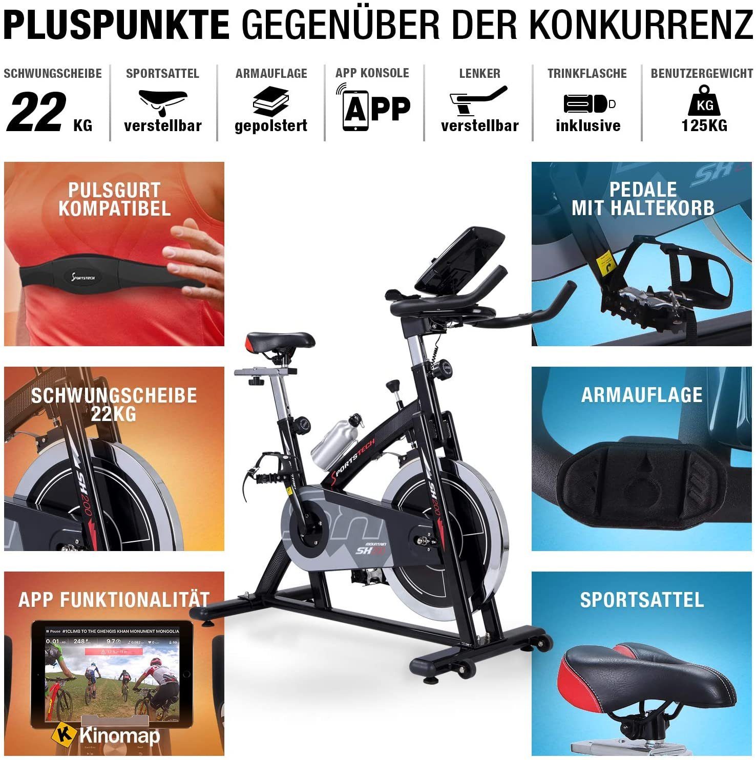 Sportstech Speedbike SX200, Handpulssensor, Riemenantrieb, 22kg Schwungrad – Bild 4 von 5