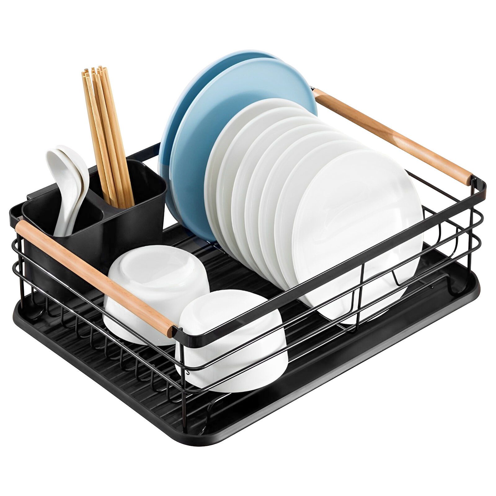 Youyijia Küchenorganizer-Set Geschirr Abtropfgestell Schwarz Matt Metall Geschirrkorb