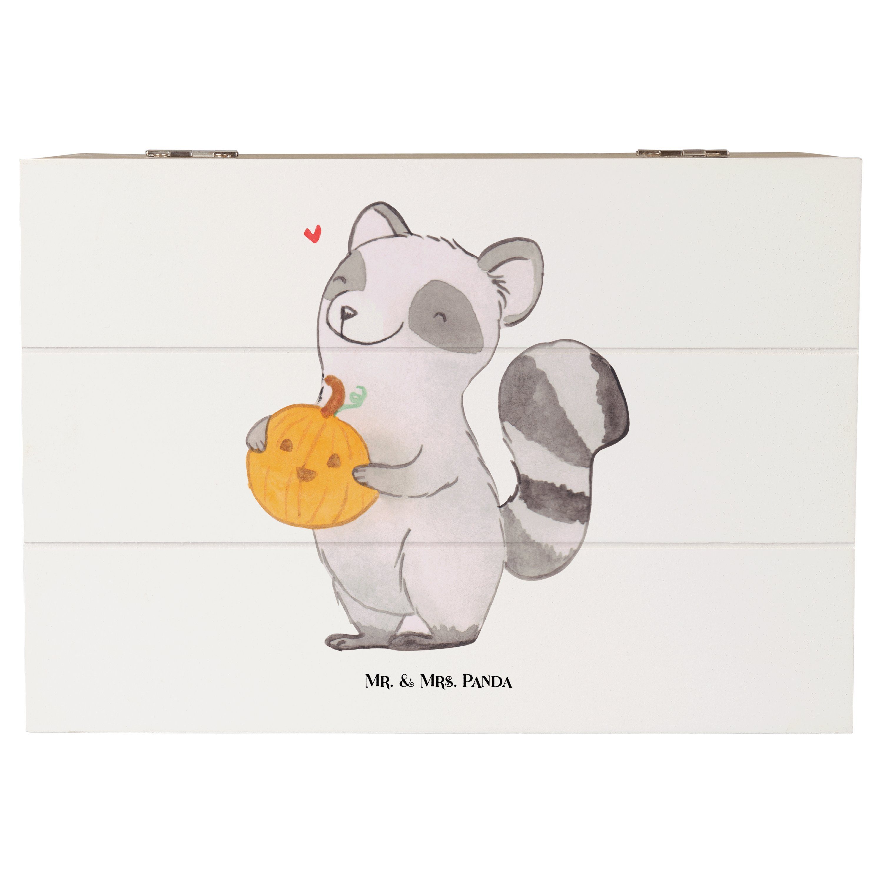 Mr. & Mrs. Panda Dekokiste 22 x 15 cm Waschbär Kürbis - Weiß - Geschenk, Truhe, Dekoration, Holz (1 St), Einschlagscharniere