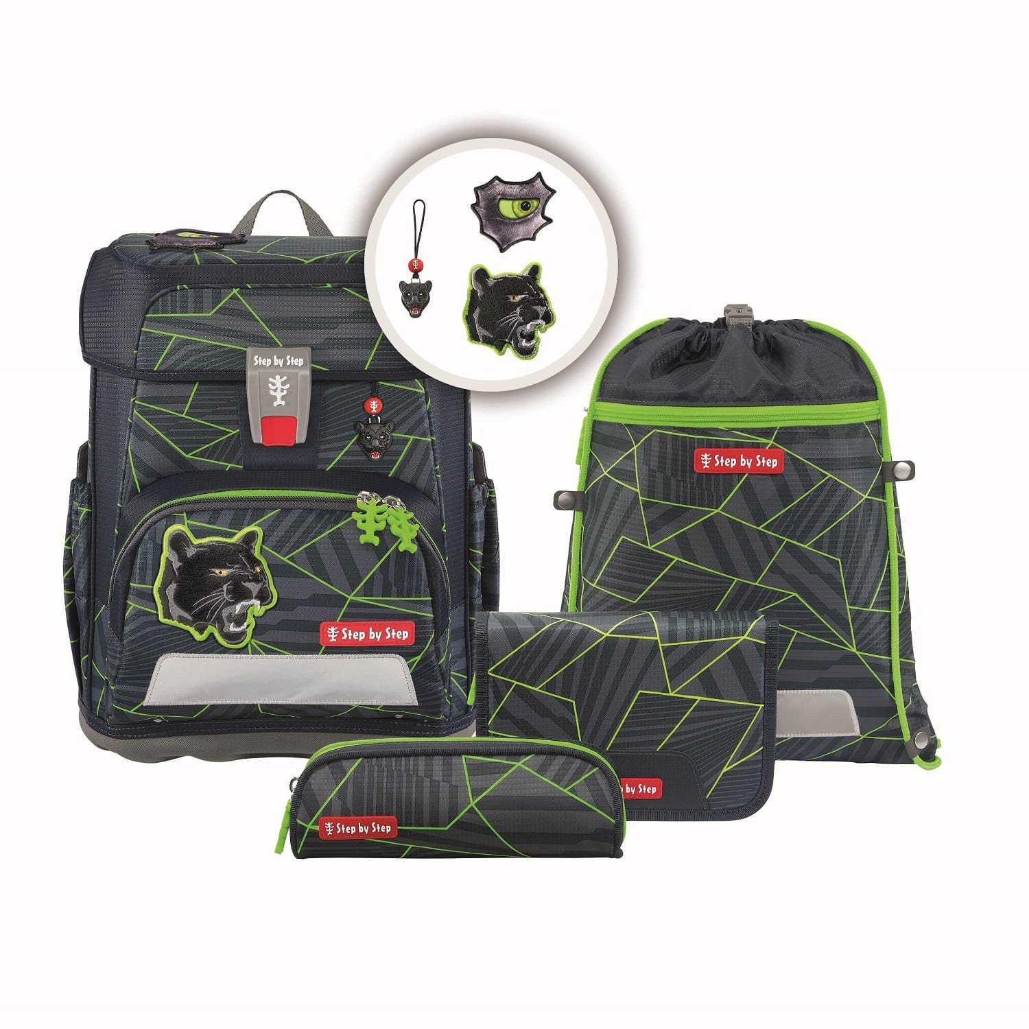 Step by Step Schulranzen Schulranzen-Set CLOUD Dark Cat Chiko 5-teilig (5-teilig), Grundschulranzen, ergonomisch, Easy-Grow-System
