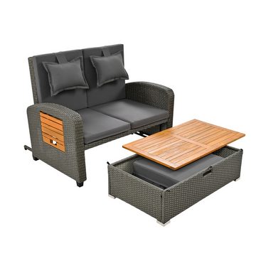 Merax Loungeset 3 in 1 mit 3 Fach verstellbarer Rückenlehne aus Polyrattan, Gartenmöbel Set Akazie mit Ablagefläche und Sitzhocker, Loungebett