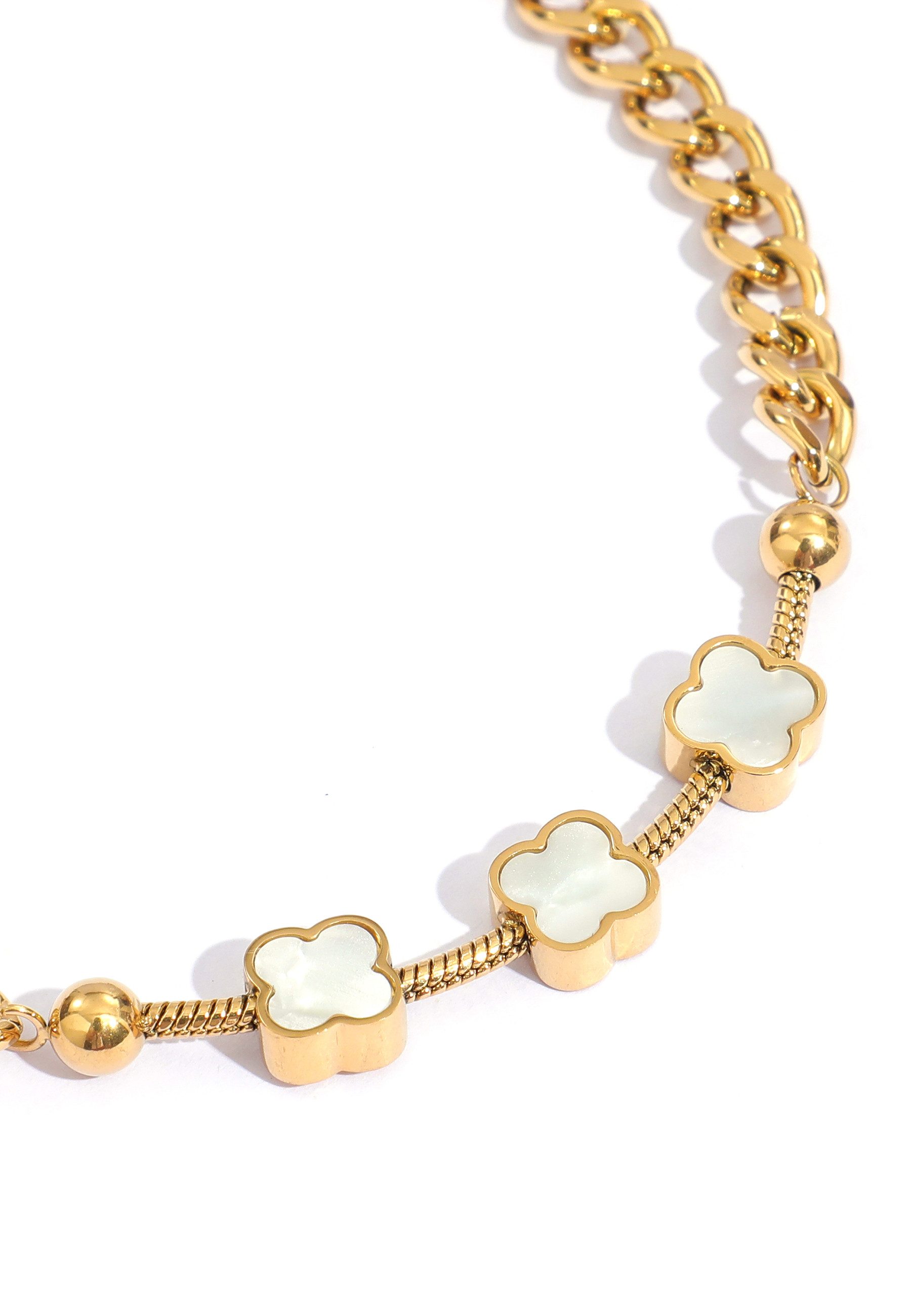 GOLDKLEIN Edelstahlarmband Blumen Perlmutt Edelstahl Panzerarmband mit Charm- Elementen, Angebot - inkl. Schmuckbox – Bild 3 von 3