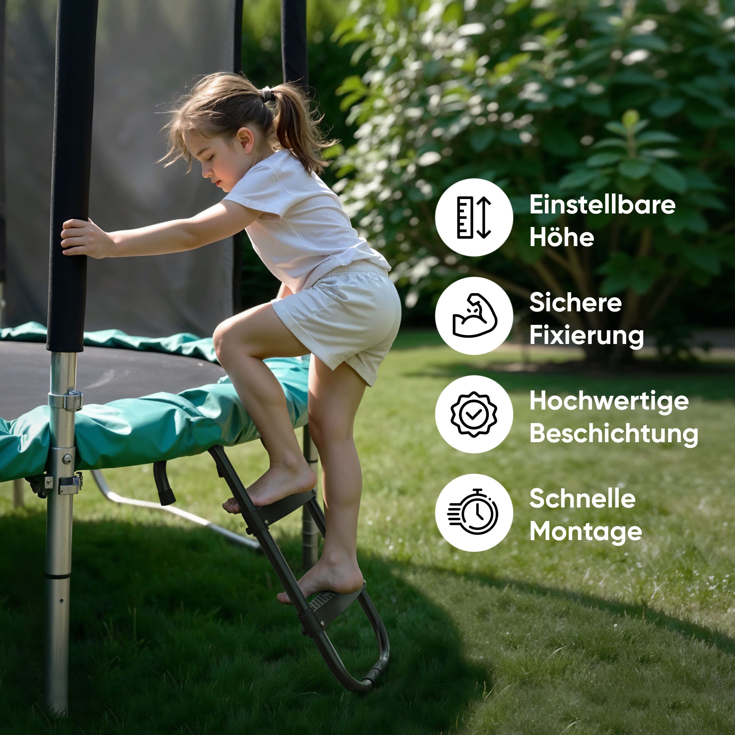 Björn&Schiller Trampolinleiter Höhenverstellbare Leiter 70-96 cm - 3 Stufen, stabile Fixierung, rutschfest, wetterfest, einfache Montage