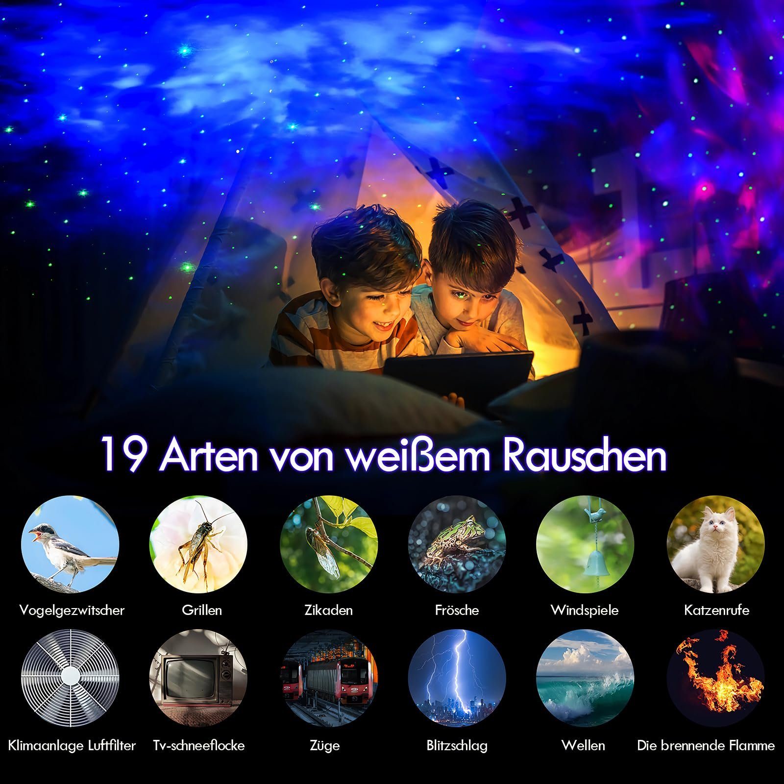 Powerwill LED-Sternenhimmel LED projektor,Mit und Rauschen, Timing Erwachsene Polarlicht Musikplayer,Nachtlicht,Aurora-Effekt, Fernbedienung,19 Sternenhimmel wechselbar, Sternen Nachtlicht für Deko mit Kinder Weiße