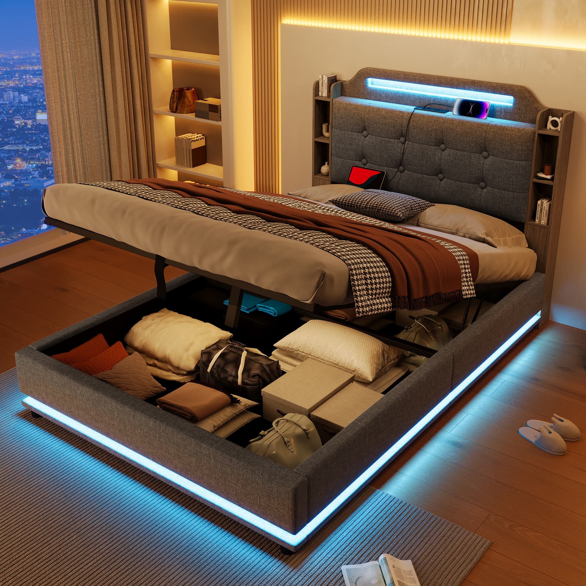 OKWISH Polsterbett Stauraumbett Doppelbett (mit LED-Lichtleiste, Hydraulisc günstig online kaufen