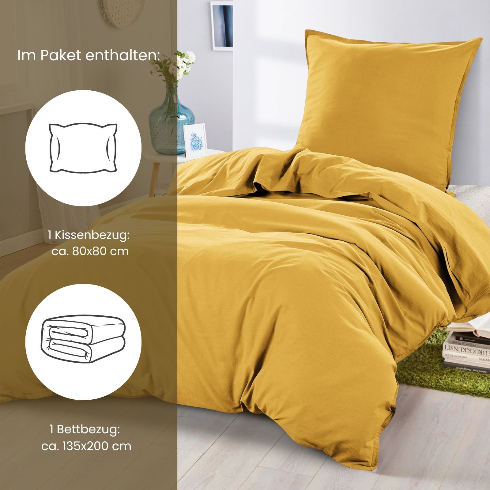 wometo Bettwäsche Stone Washed 135x200 Renforcé, Baumwolle, 2 teilig, OEKO-TEX®, 100% Baumwolle, Bettwäsche im Knitterlook mit Stehsaum – Bild 2 von 5