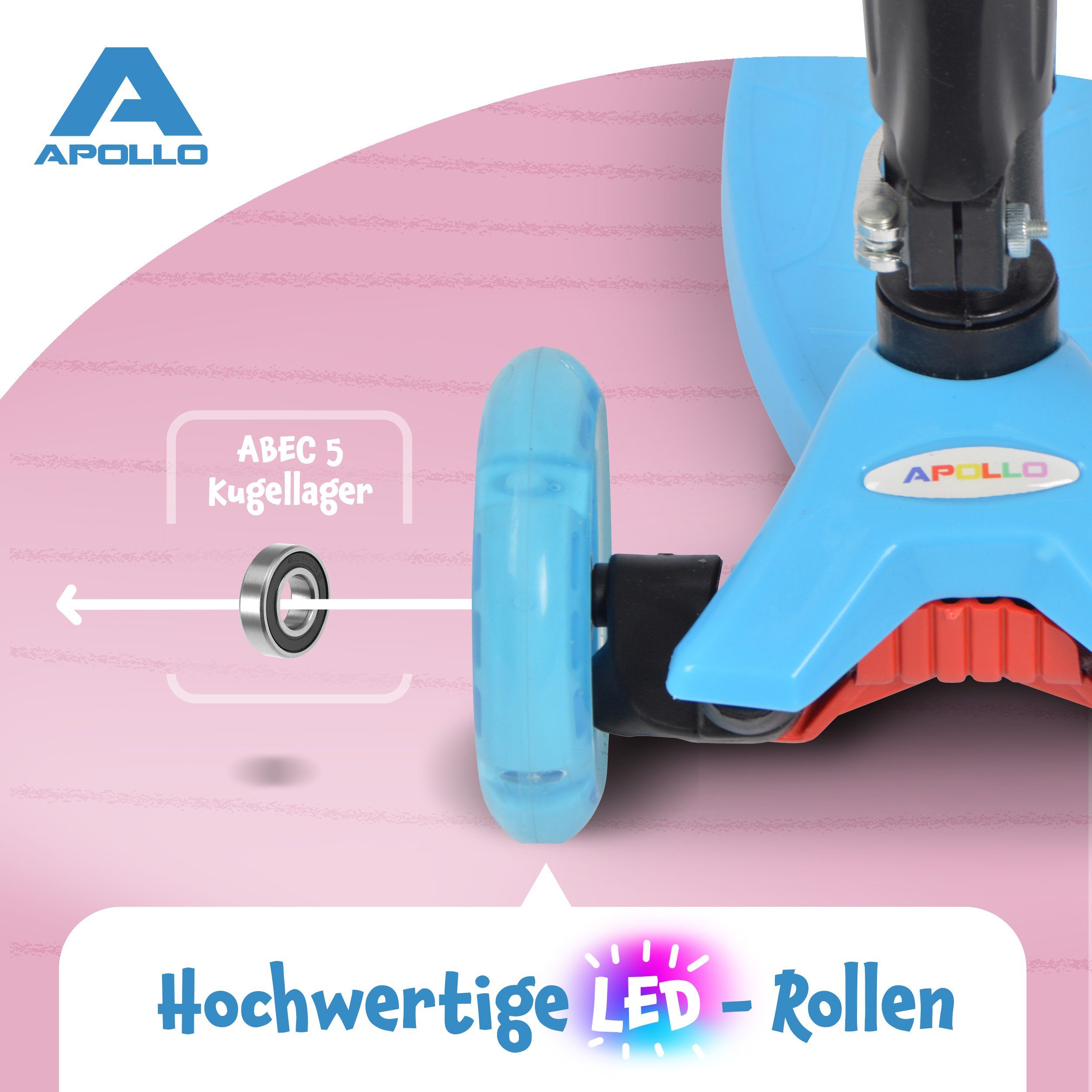 Apollo Dreiradscooter Kinderroller Kids Whiz LED 3-Rad Scooter ab 3 Jahren Tretroller, Klappbarer und höhenverstellbarer Kinder Scooter mit LED Wheels