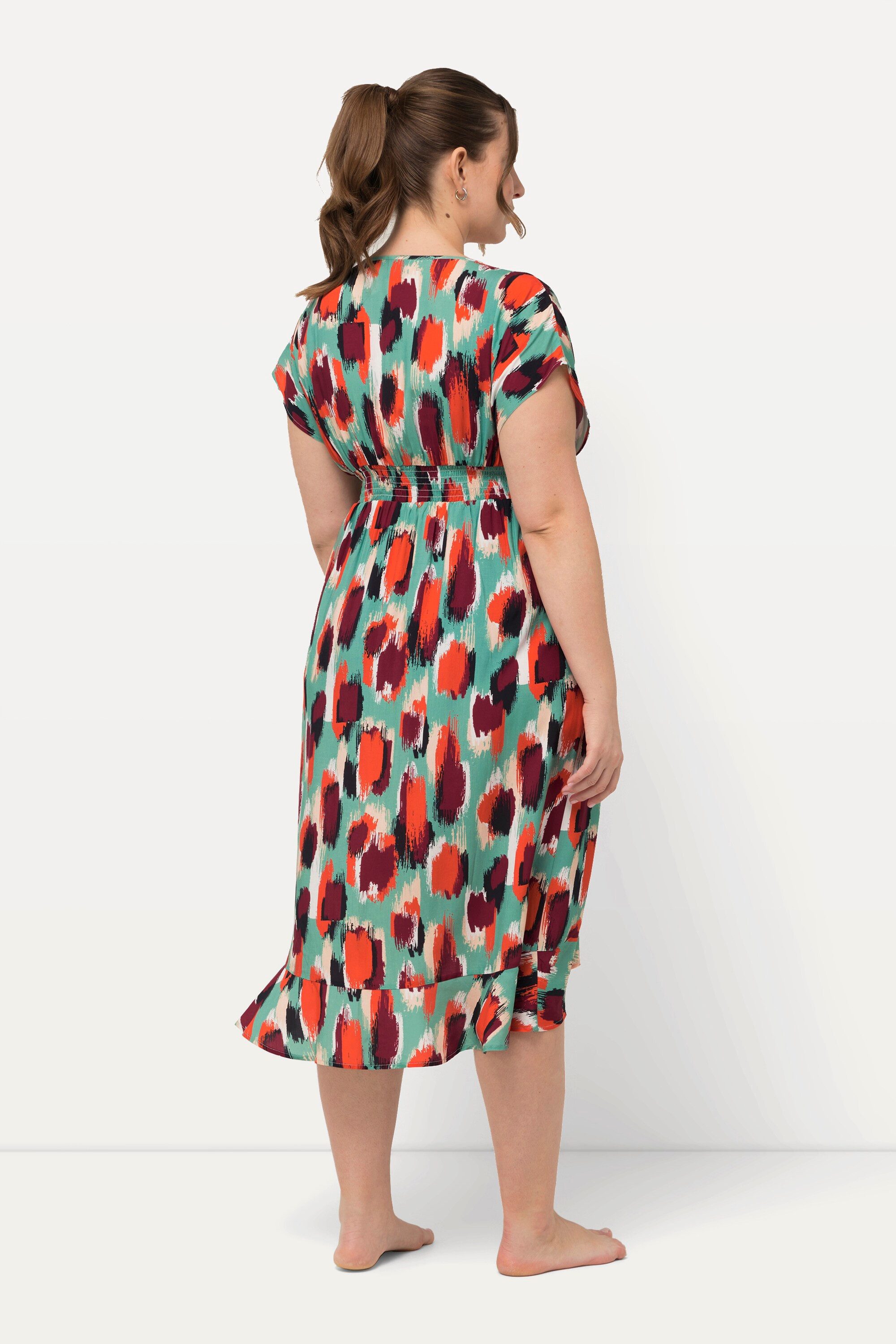 Ulla Popken Strandkleid Kaftan Fleckenmuster Bindeband Halbarm