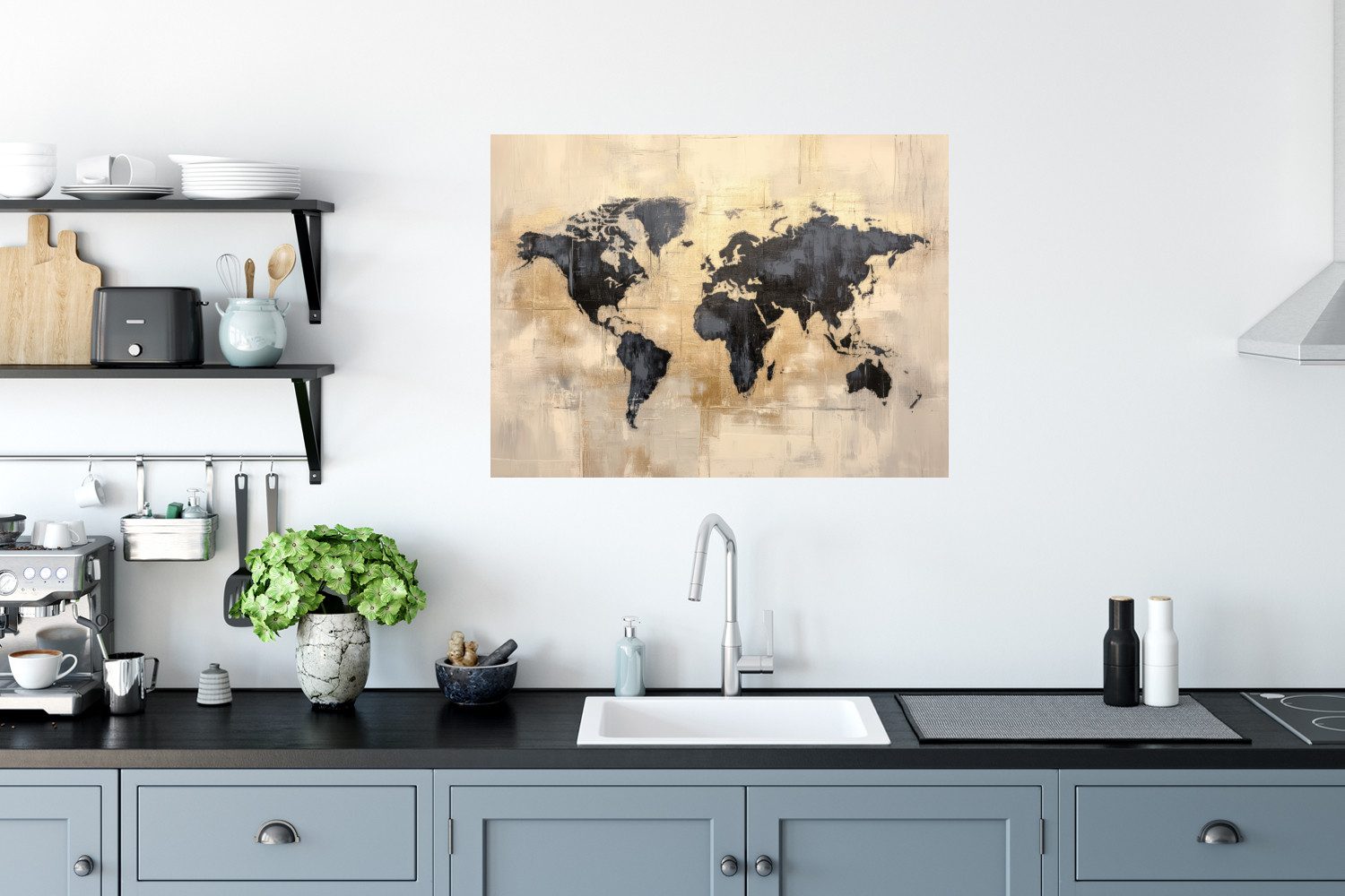 MuchoWow Wandsticker Weltkarte - Gold - Schwarz - Abstrakt (1 St), Wandtattoo, Selbstklebend, Wohnzimmer, 80x60 cm