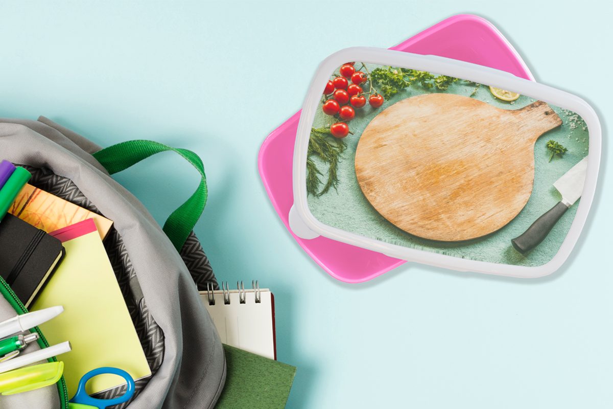 MuchoWow Lunchbox Ein rundes Schneidebrett (2-tlg), Brotbox drum rosa allerlei Kunststoff, Mädchen, mit herum, für Gemüse Snackbox, Erwachsene, Kunststoff Brotdose Kinder