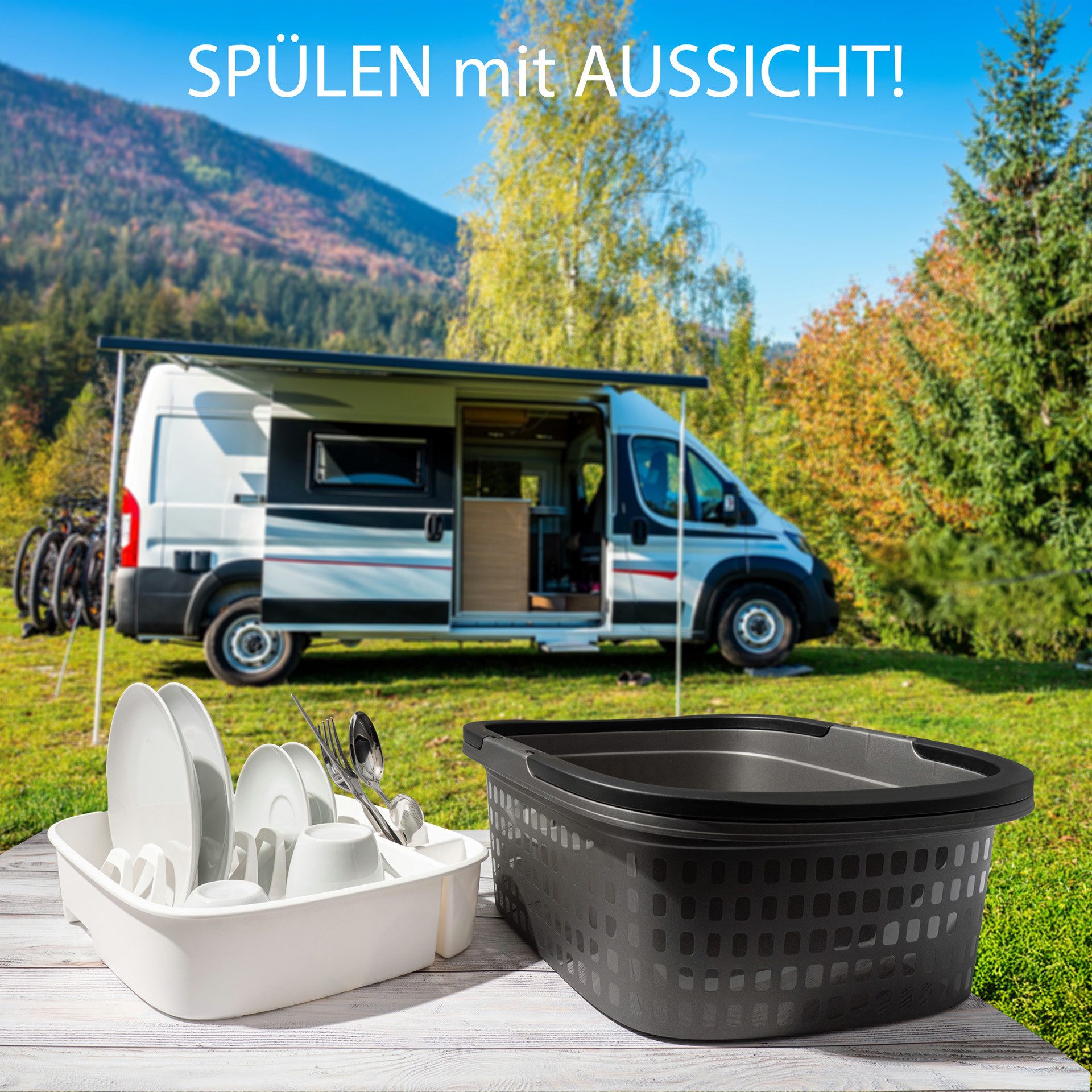 Hausfelder Waschbecken Camping Spülset, 2teilig, Spülwanne Anthrazit + Abtropfgitter weiß (2er Set, 2-St., WAnne + Abtropfgestell), ideal für unterwegs, robuste – Bild 4 von 5
