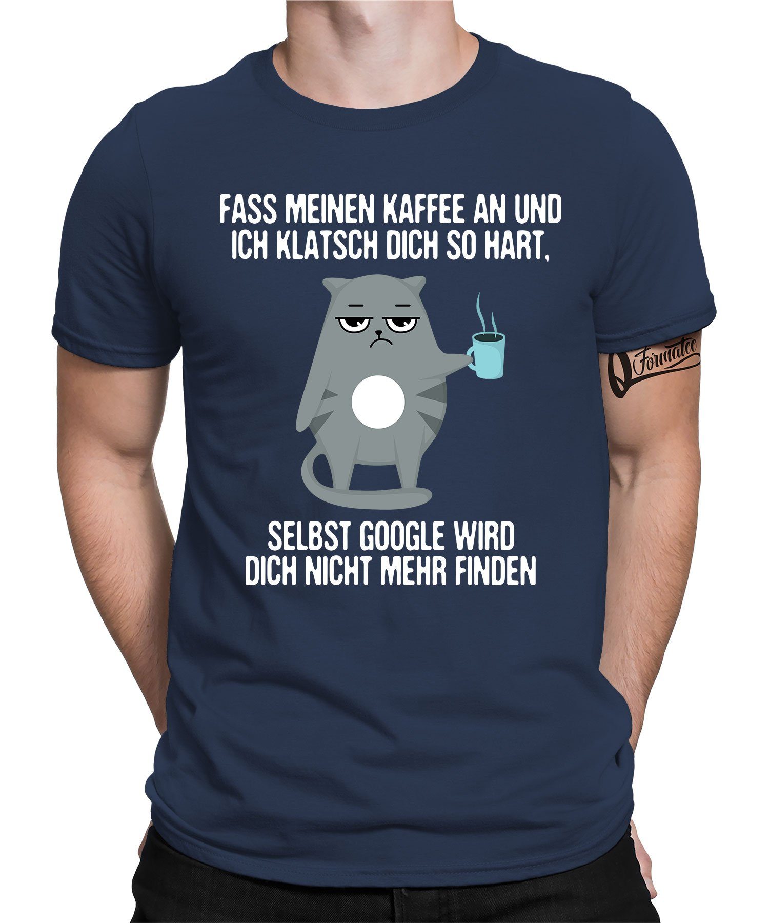 T-Shirt Herren Google Quattro Kaffee Statement Kurzarmshirt Lustiger Spruch Formatee Blau Katze Navy - (1-tlg)