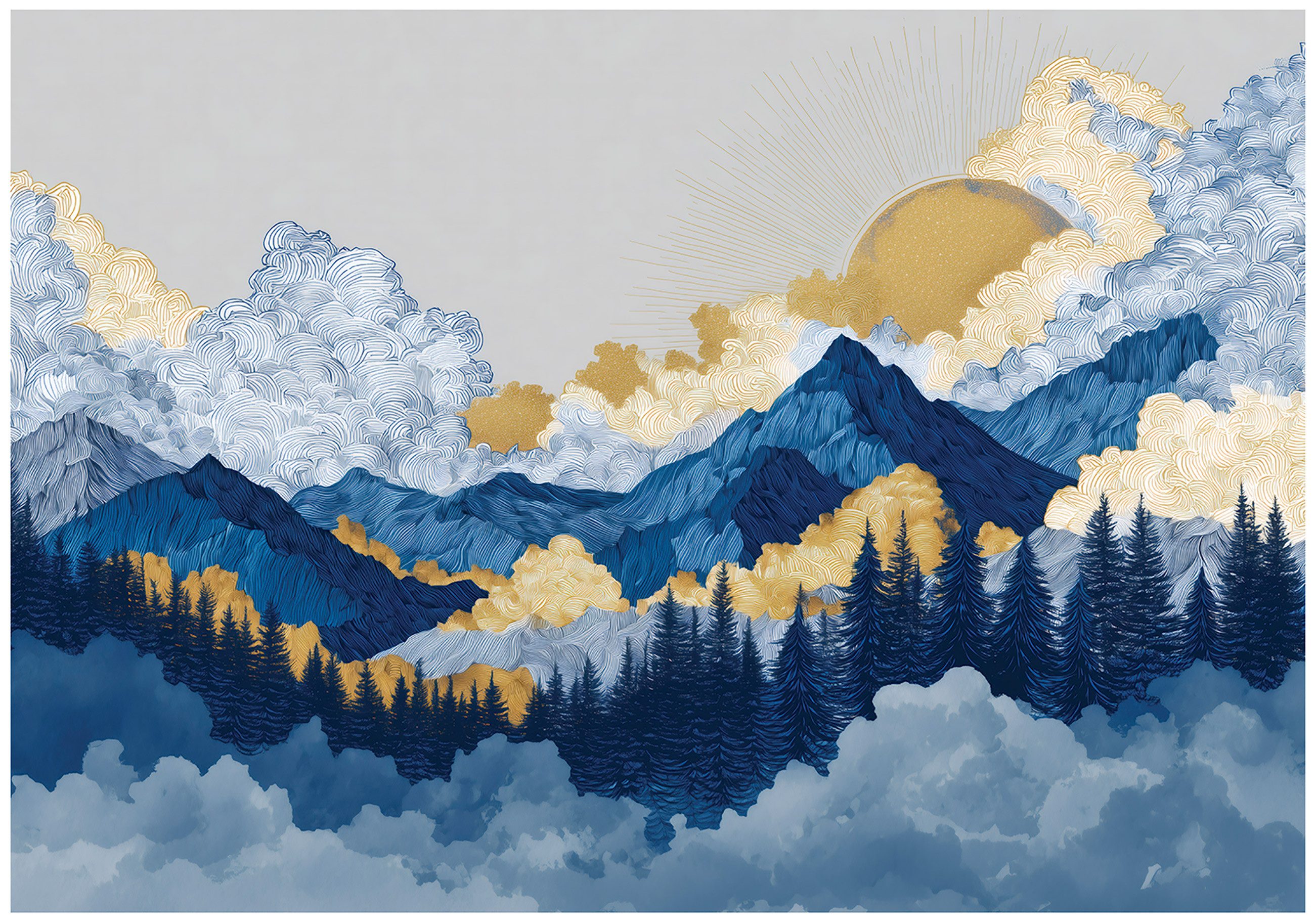Wallarena Fototapete Gebirge Blau Gold Weiß Vlies Tapete Wohnzimmer Schlafzimmer Wandtapete, Glatt Vlies Washable, Gebirge, Blau, Gold, Weiß, Wolken, (Packung, 2 St., Vlies Fototapete), Vliestapete Blau Wohnzimmer Schlafzimmer Küche Tapete + Kleister