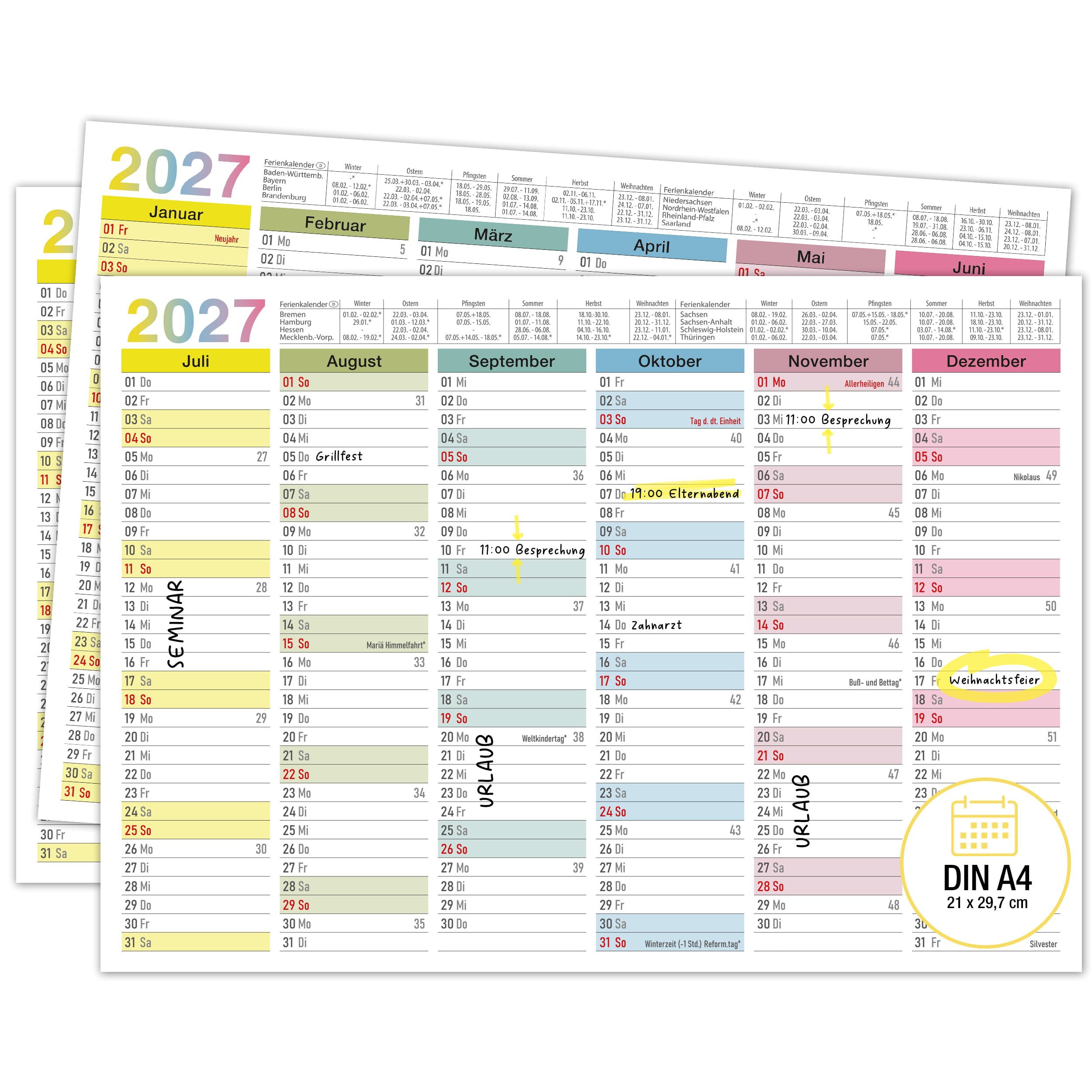 TOBJA Wandkalender Tafelkalender 2027 Bunt DIN A4 3er Set Halbjahreskalender Familie, 350g Papier, Pastellfarben, Ferien & Feiertage, Kalenderwochen, A4