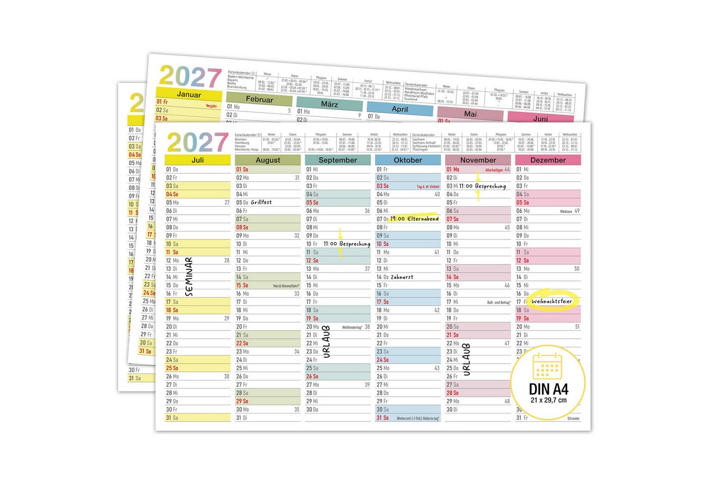 TOBJA Wandkalender Tafelkalender 2027 Bunt DIN A4 3er Set Halbjahreskalender Familie, 350g Papier, Pastellfarben, Ferien & Feiertage, Kalenderwochen, A4