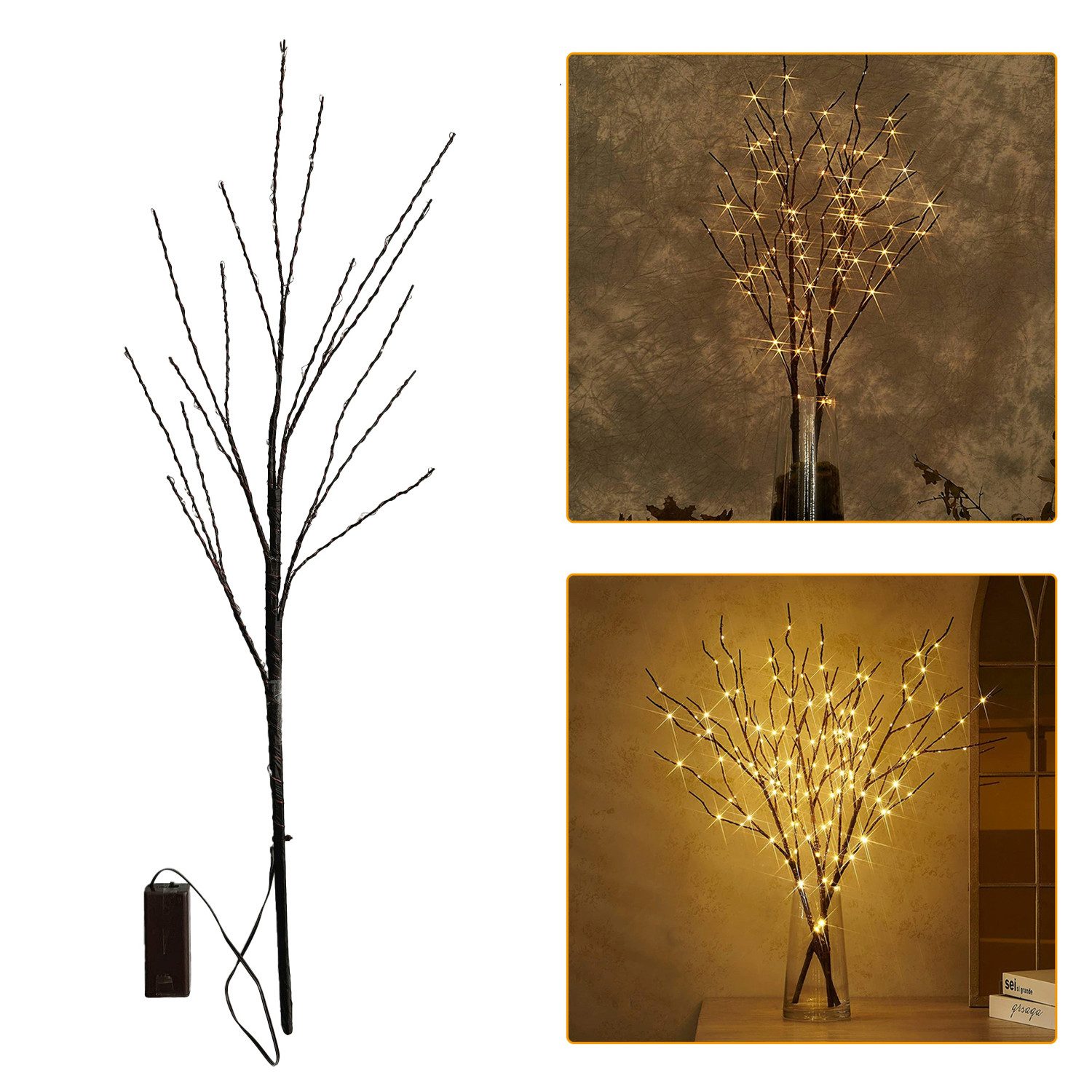 Kunstzweig LED-Leuchtzweig Lichterzweige Batteriebetrieben 50/100LED Lichterkette, Jibenhome, Höhe 70 cm, 70cm Warmweiß, DIY Dekoration für Vase, Zimmer, Weihnachten