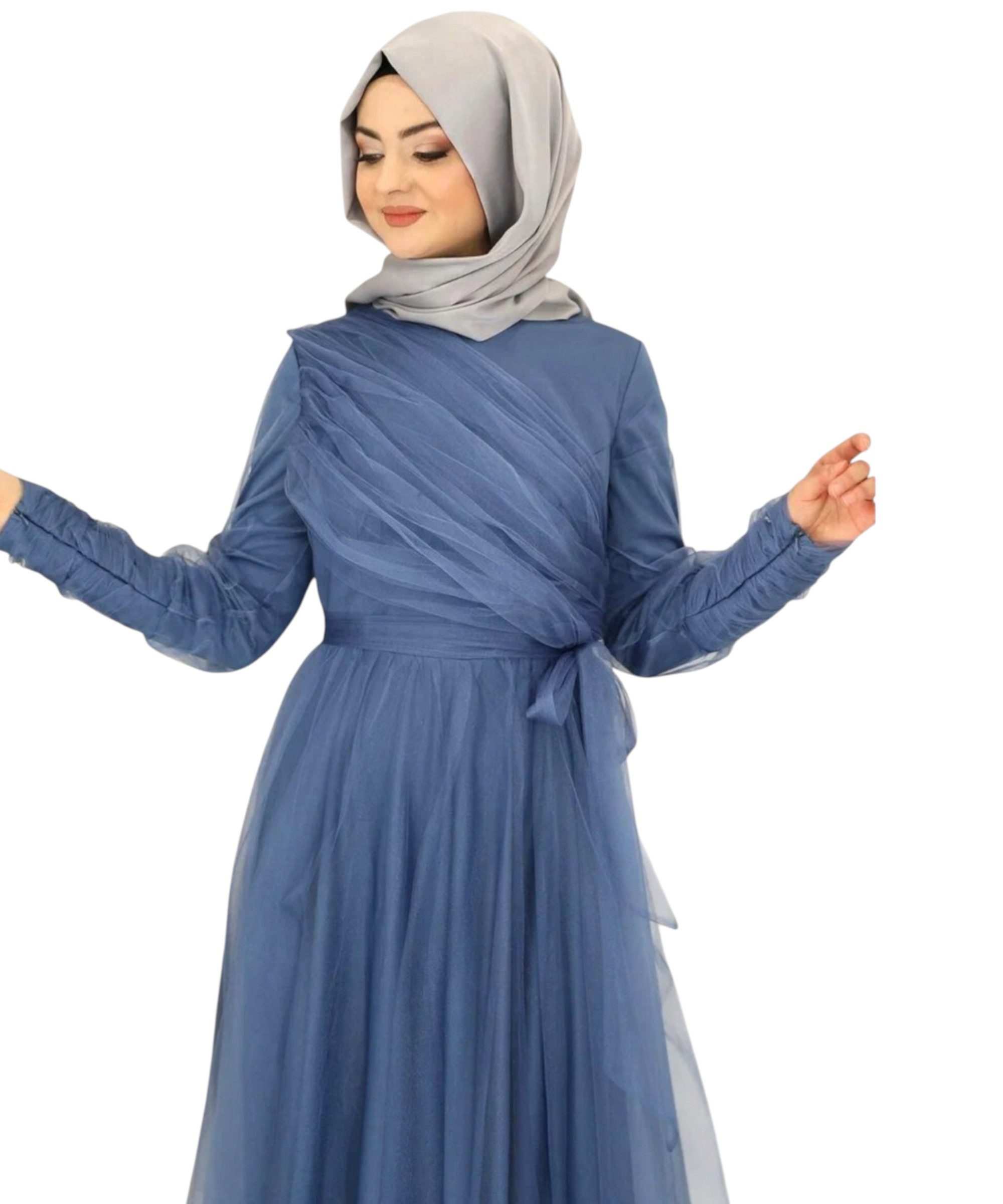 Modavitrini Tüllkleid Maxikleid langarm Abendkleid festlich elegant mit Gürtel bodenlang gefüttert, blickdicht