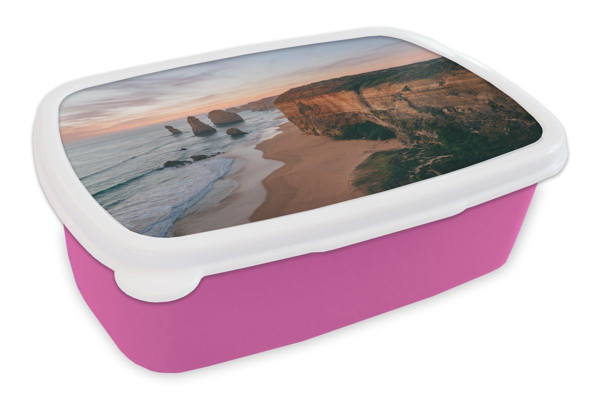 - - Kinder, Lunchbox Kunststoff, Brotdose Meer Brotbox Kunststoff Stein, Snackbox, - für rosa MuchoWow Erwachsene, Sand (2-tlg), Mädchen, Strand