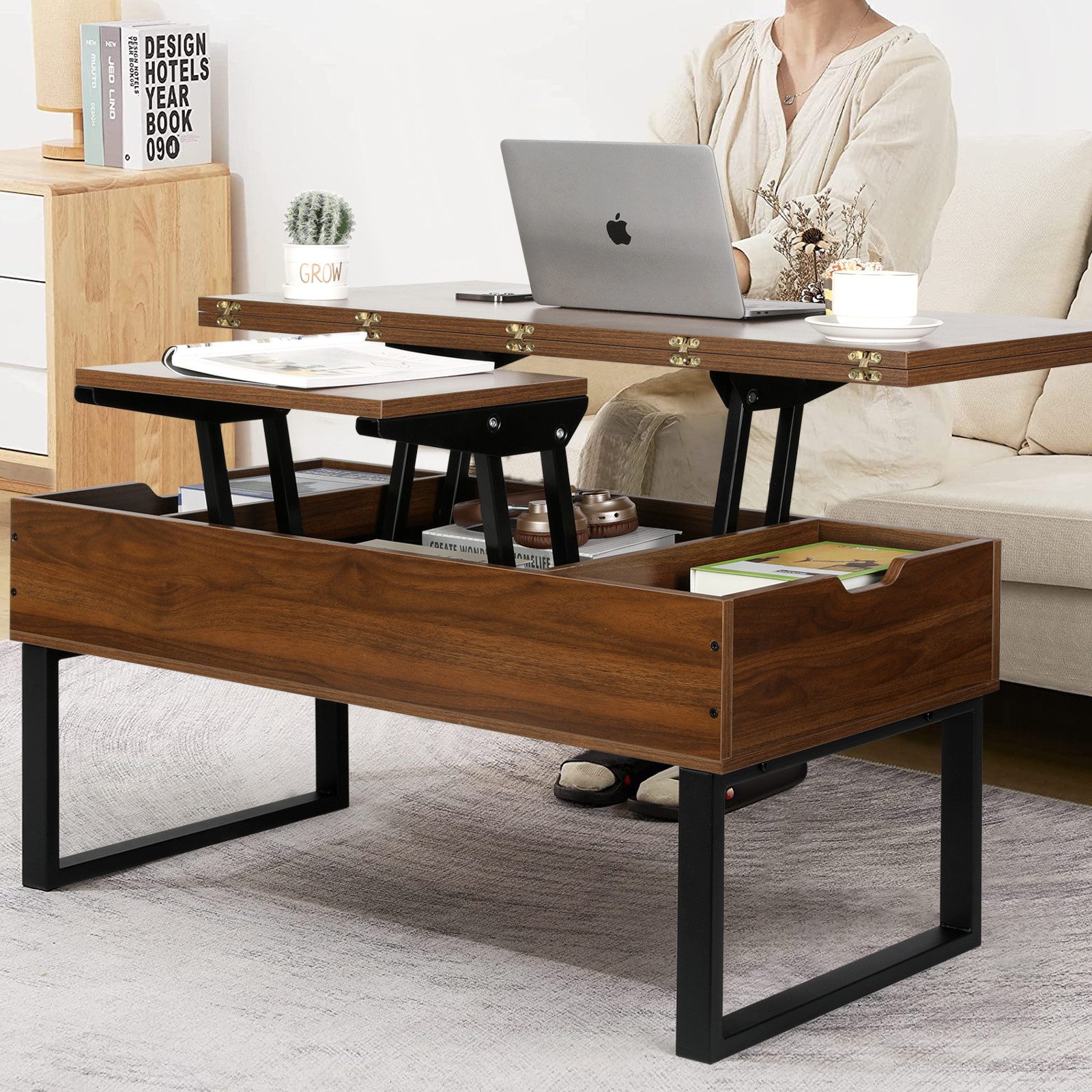 VOWNER Couchtisch 3-in-1 Mehrzweck-Wohnzimmertisch, höhenverstellbar, Esstisch, 100 × 50 × 45 cm/100 × 100 × 45 cm – Bild 4 von 5