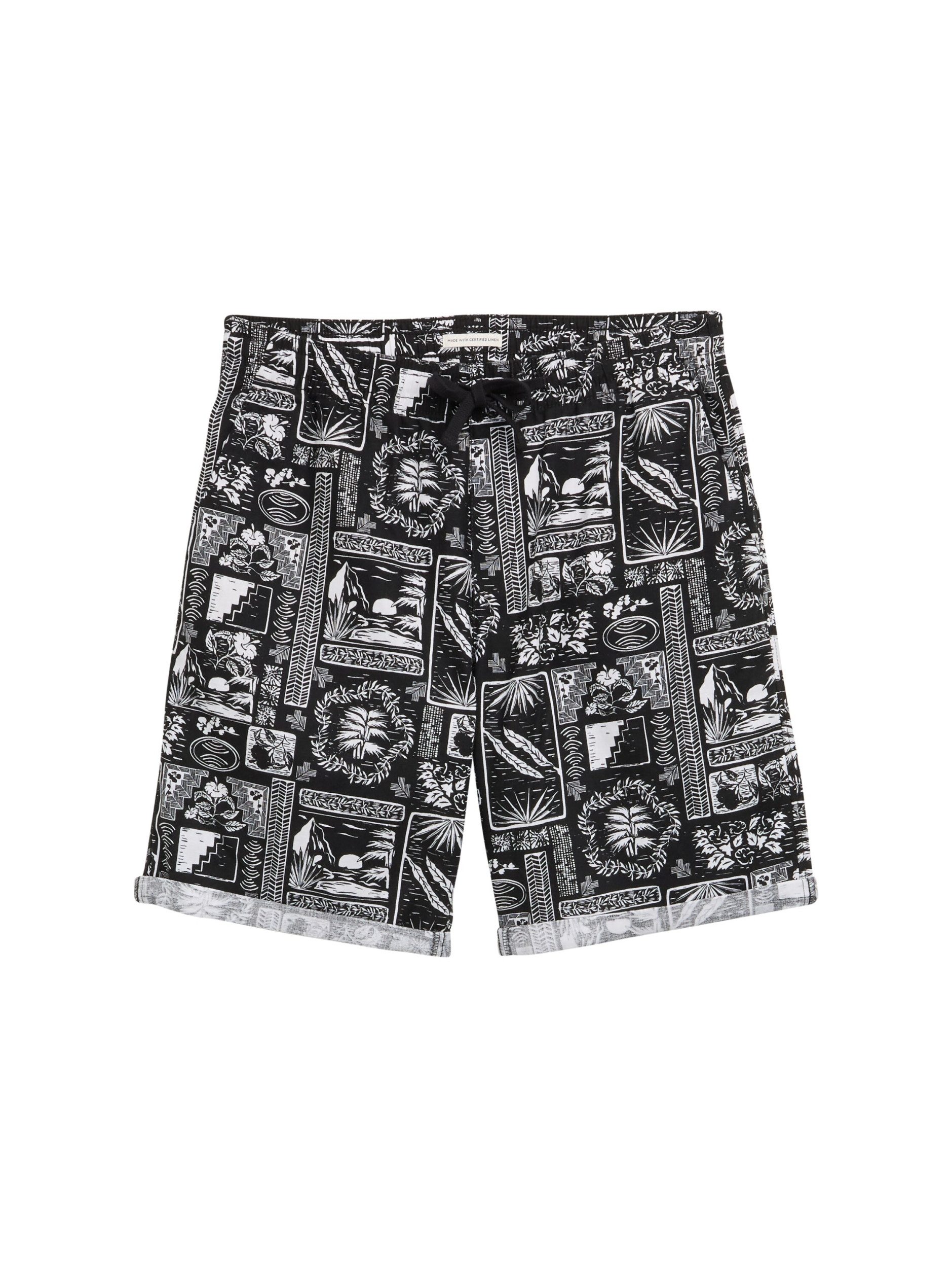 TOM TAILOR Denim Shorts relaxed linen beach shorts black white hawai print