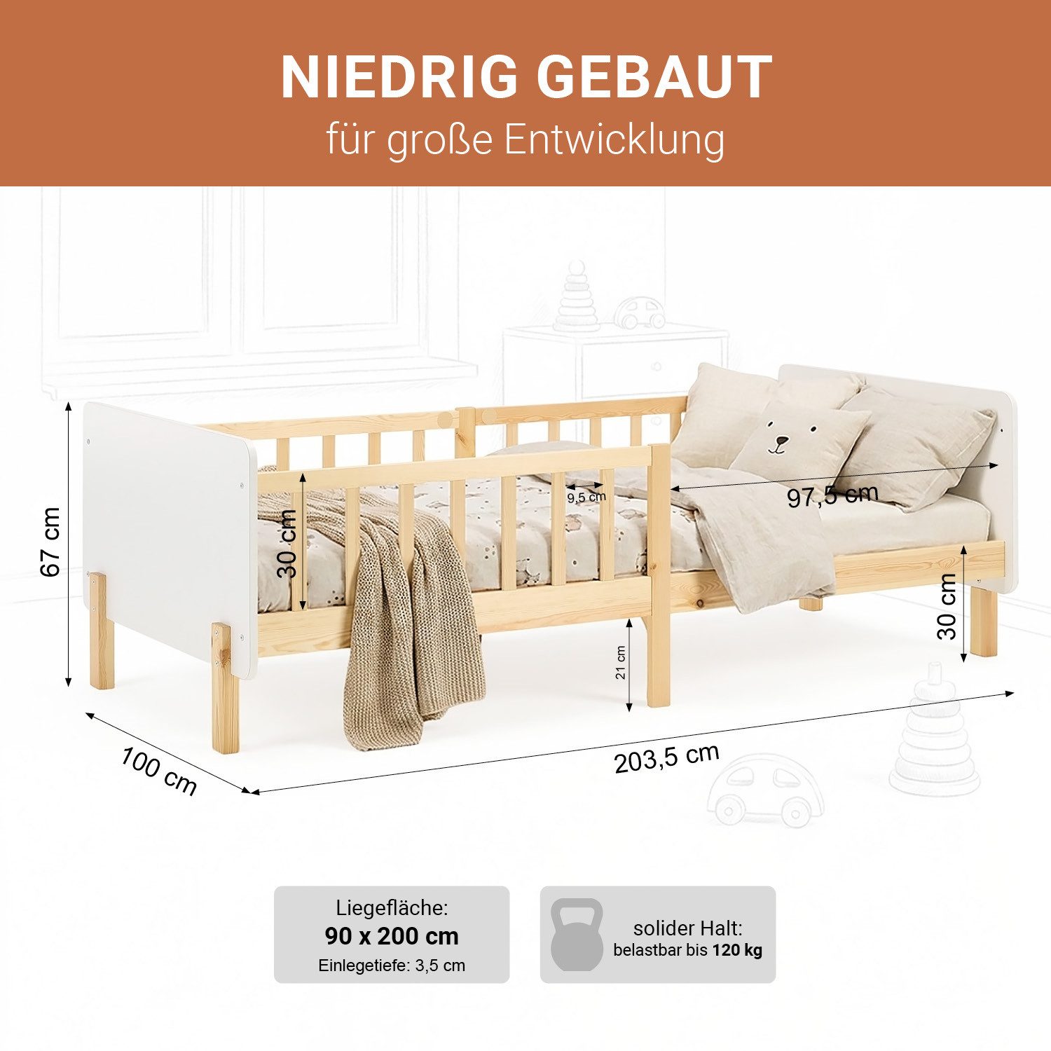 Homestyle4u Kinderbett 90x200 Holzbett Einzelbett Rausfallschutz Gestell Kinderzimmer (Komplett-Set mit Lattenrost, Matratze mit OEKO-TEX® Standard 100), Weiß/Natur