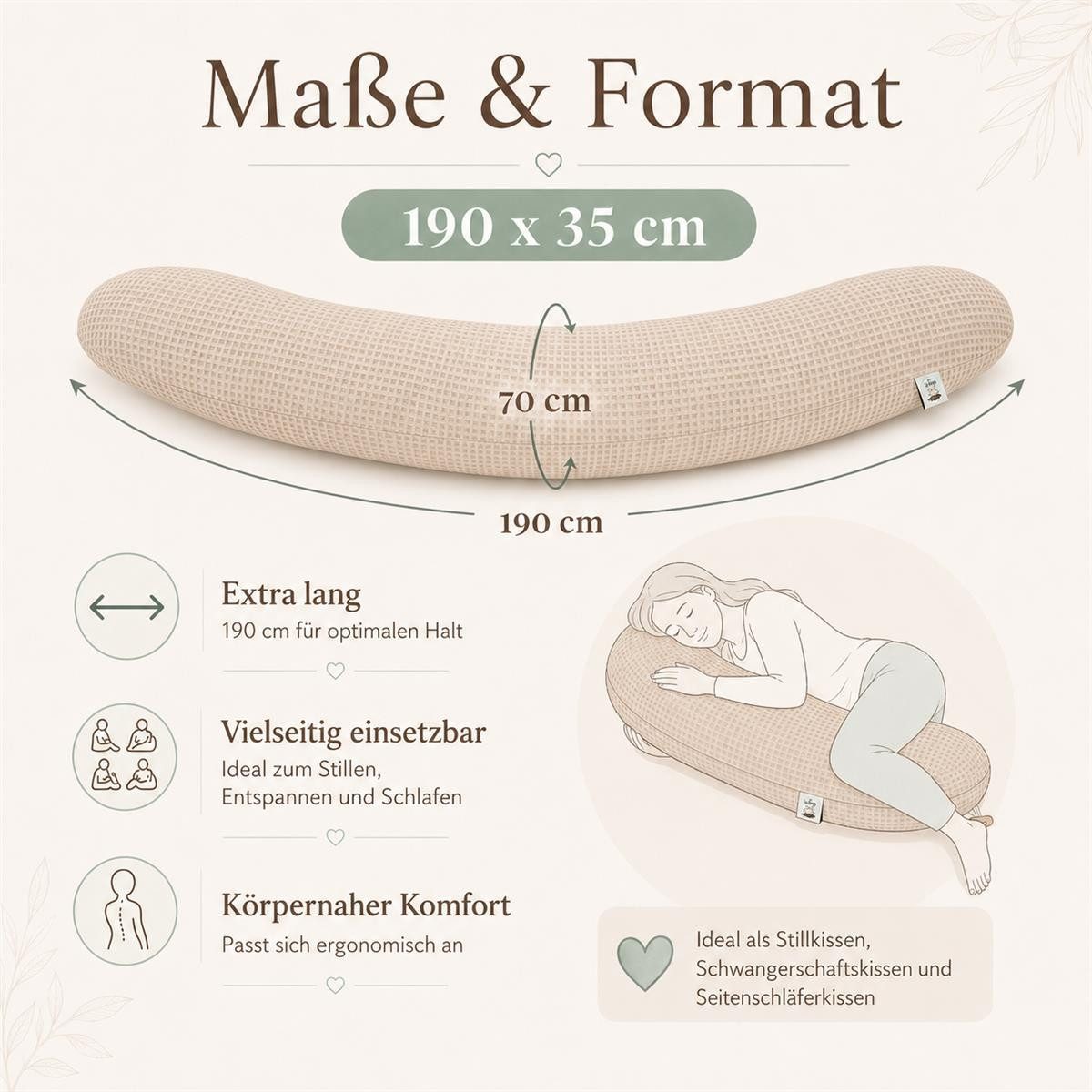 SEI Design Stillkissen Seitenschläferkissen Schwangerschaftskissen Waffelstoff 190cm Beige, Schwangerschaftskissen mit Bezug, 1-tlg., Schwangerschaftskissen mit Bezug, elastischer Waffeljersey Bezug