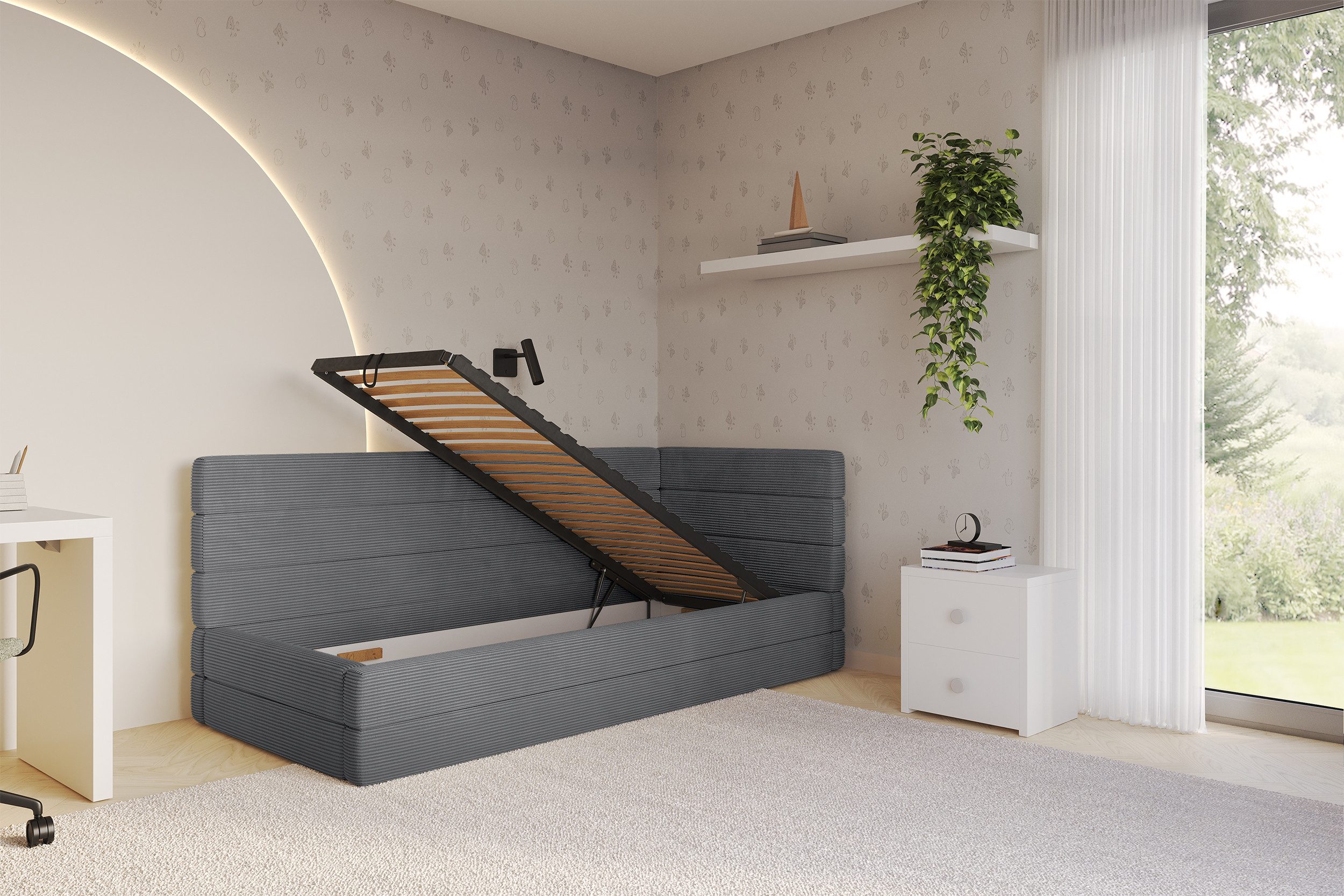 ALTDECOR Jugendbett BEMY (Jugendbett mit Bettkasten und Lattenrost, Polsterbett ohne Matratze), Einzelbett mit Stauraum, Bett mit Kopfteil
