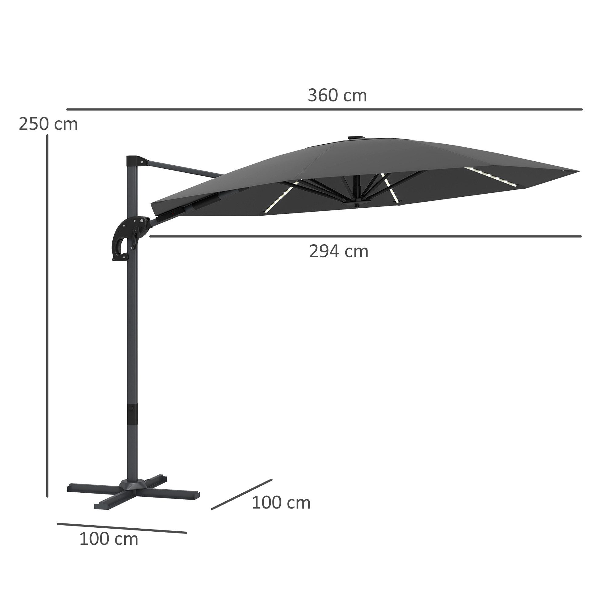 Outsunny Sonnenschirm mit Solar LED, Kurbel, Ständer, UV50+, 360° drehbar, LxB: 300x300 cm, Alu Ampelschirm, höhenverstellbar Marktschirm, Sonnenschutz für Garten, Balkon, Dunkelgrau