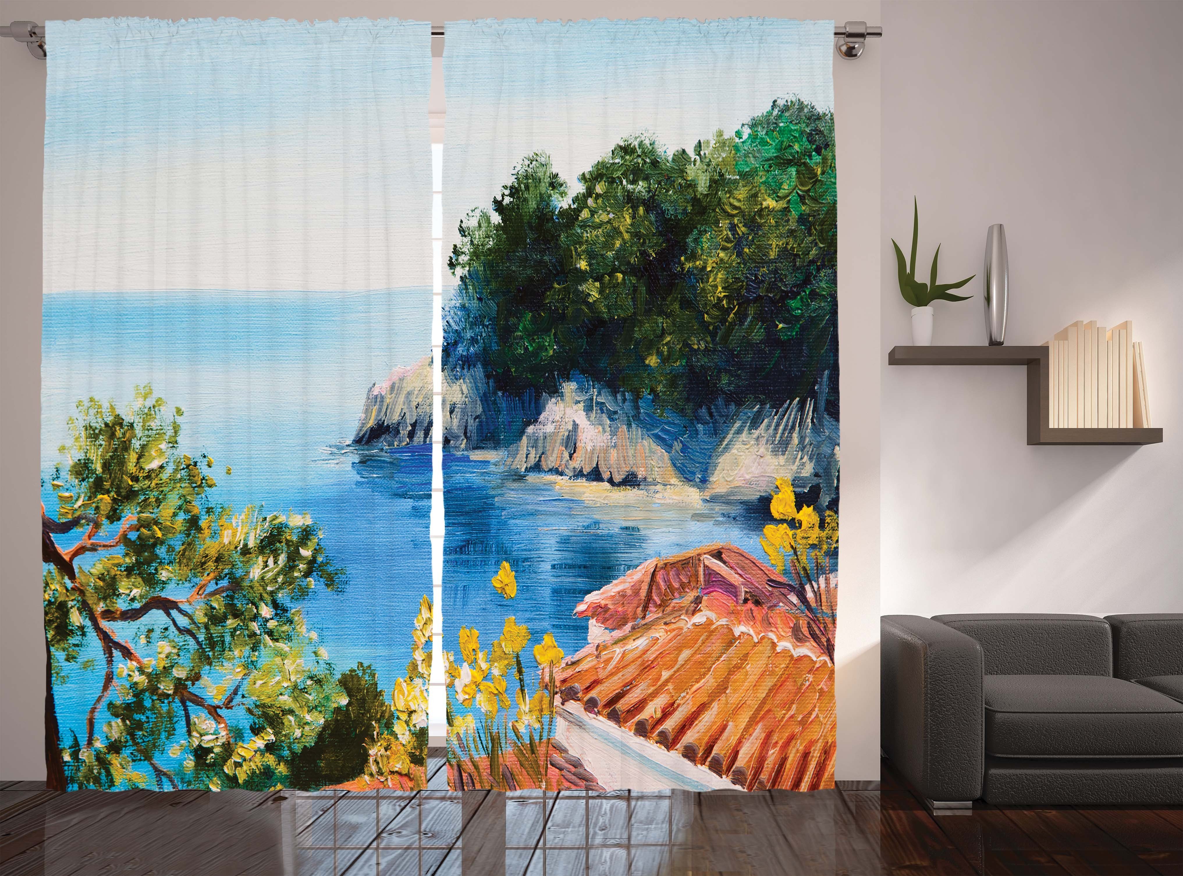Gardine Schlafzimmer Kräuselband Vorhang mit Schlaufen und Haken, Abakuhaus, Romantisch Mittelmeer-Landschaft