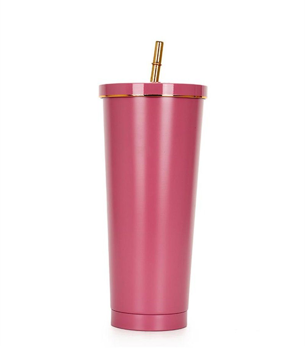 Rouemi Isolierflasche Edelstahl Trinkbecher mit Strohhalm, Heiß/Kalt Thermobecher 750ml, 12h heiß/24h kalt Rosa