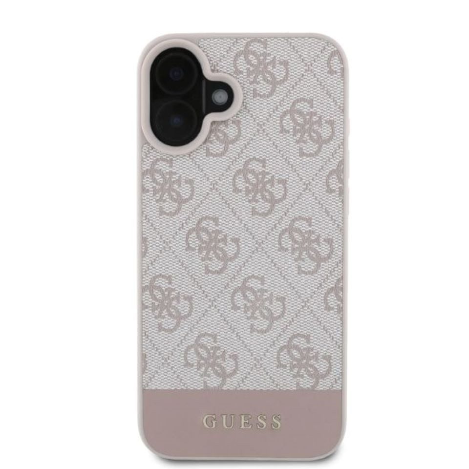 Guess Handyhülle iPhone 16 Kunstleder Muster rosa Logo Schrift goldfarbig