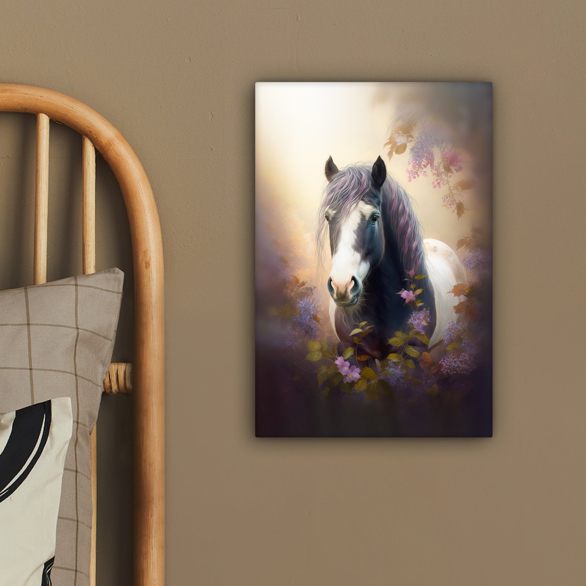 OneMillionCanvasses® Leinwandbild (1 Zackenaufhänger, Blumen fertig bespannt 20x30 Leinwandbild - Natur inkl. - - Pferd - St), Tiere cm Gemälde, Lila