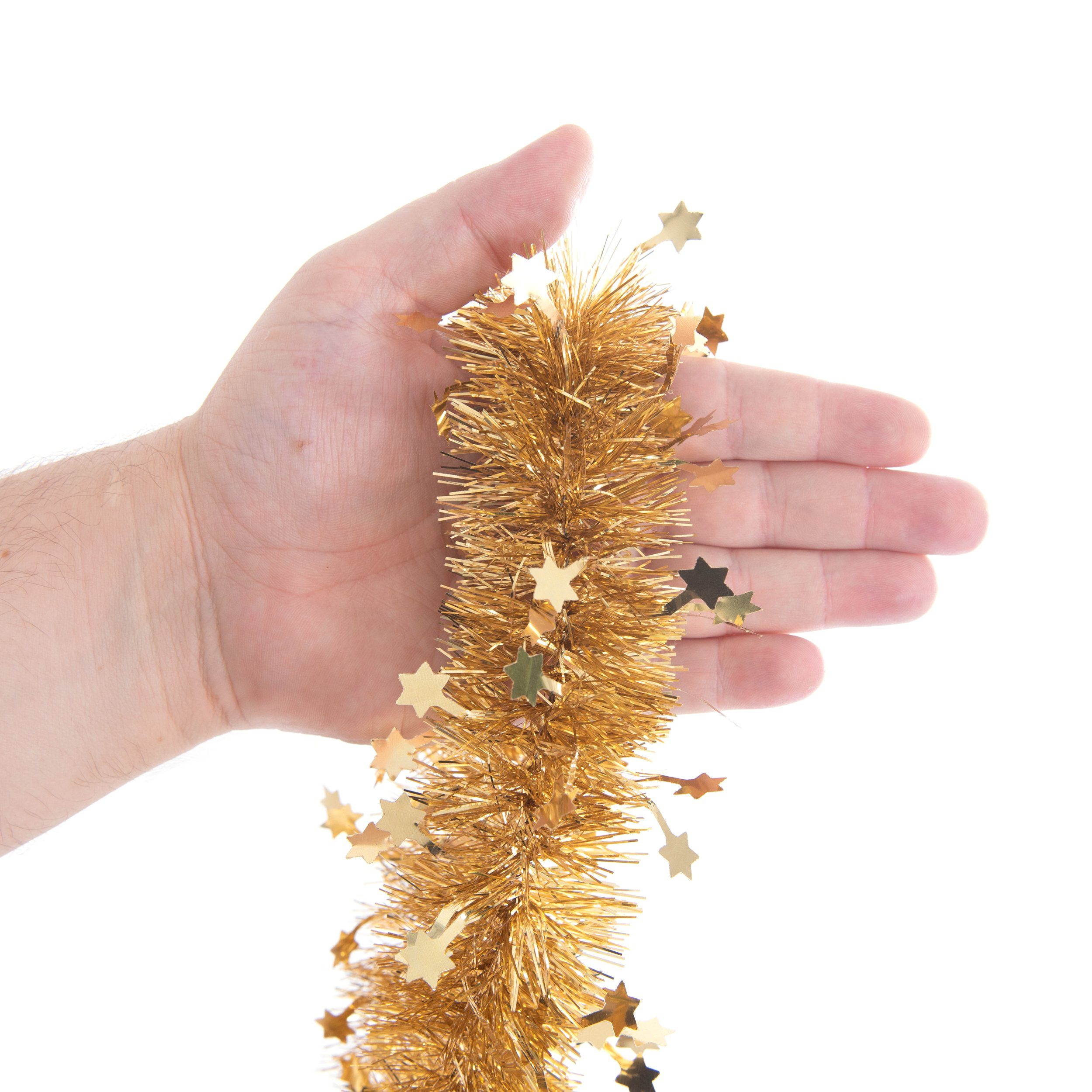 DekoPrinz® Girlanden Weihnachtsschmuck Gold künstlich, Ø80mm x Sternenkette Gold, 6m