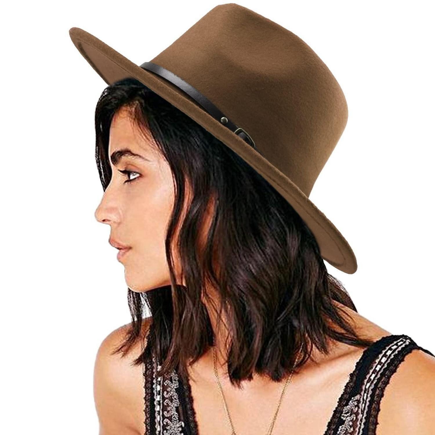 LuxusKollektion Fedora Fedora Hut Damen Krempe Gürtelschnalle Retro Panama Camel M