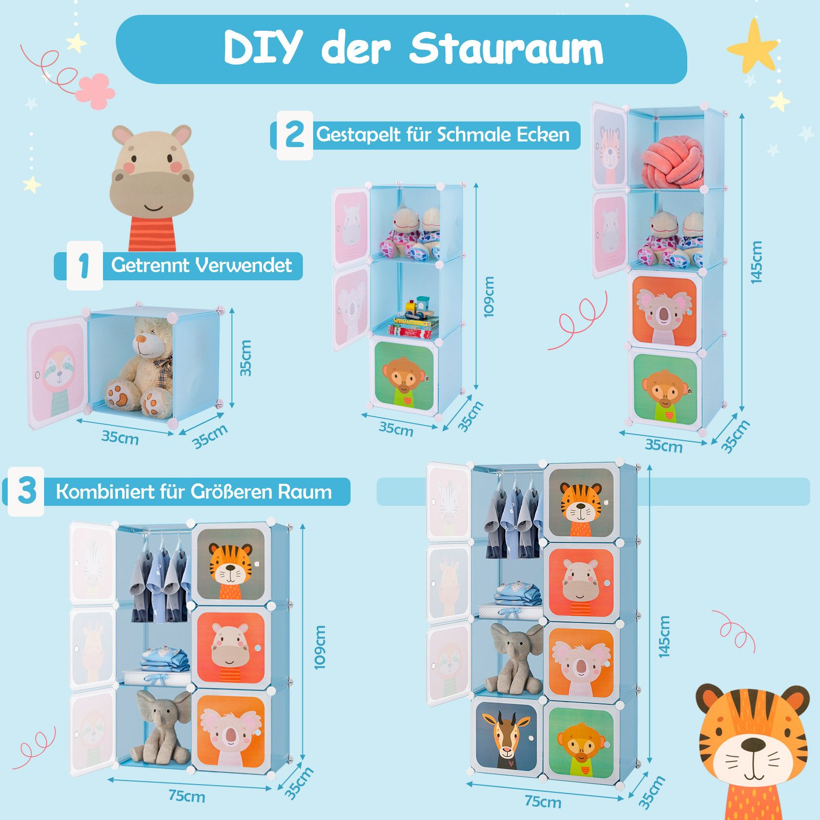 COSTWAY Kinderkleiderschrank mit Kleiderstange und 8 Würfeln, erweiterbar