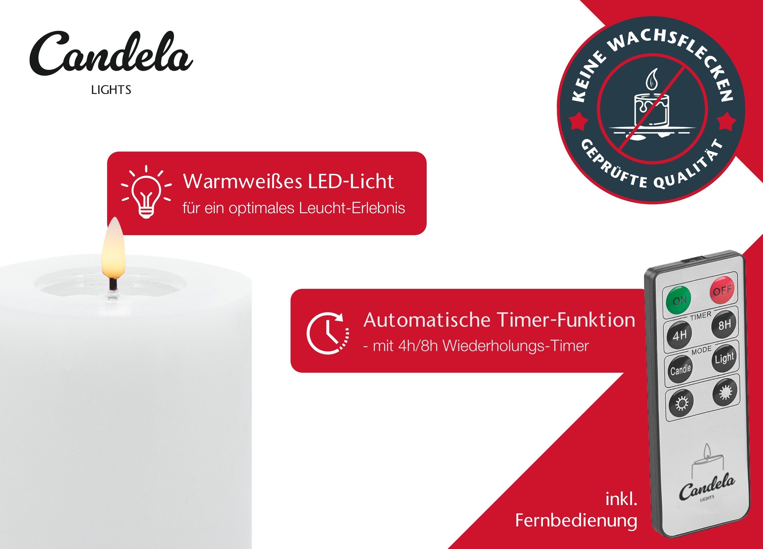 LC Home LED-Kerze Candela Lights LED Kerzen Echtwachs 4erSet mit Fernbedienung Batterien (Komplett-Set), LED Kerzen mit Timerfunktion Fernbedienung Dimmbar