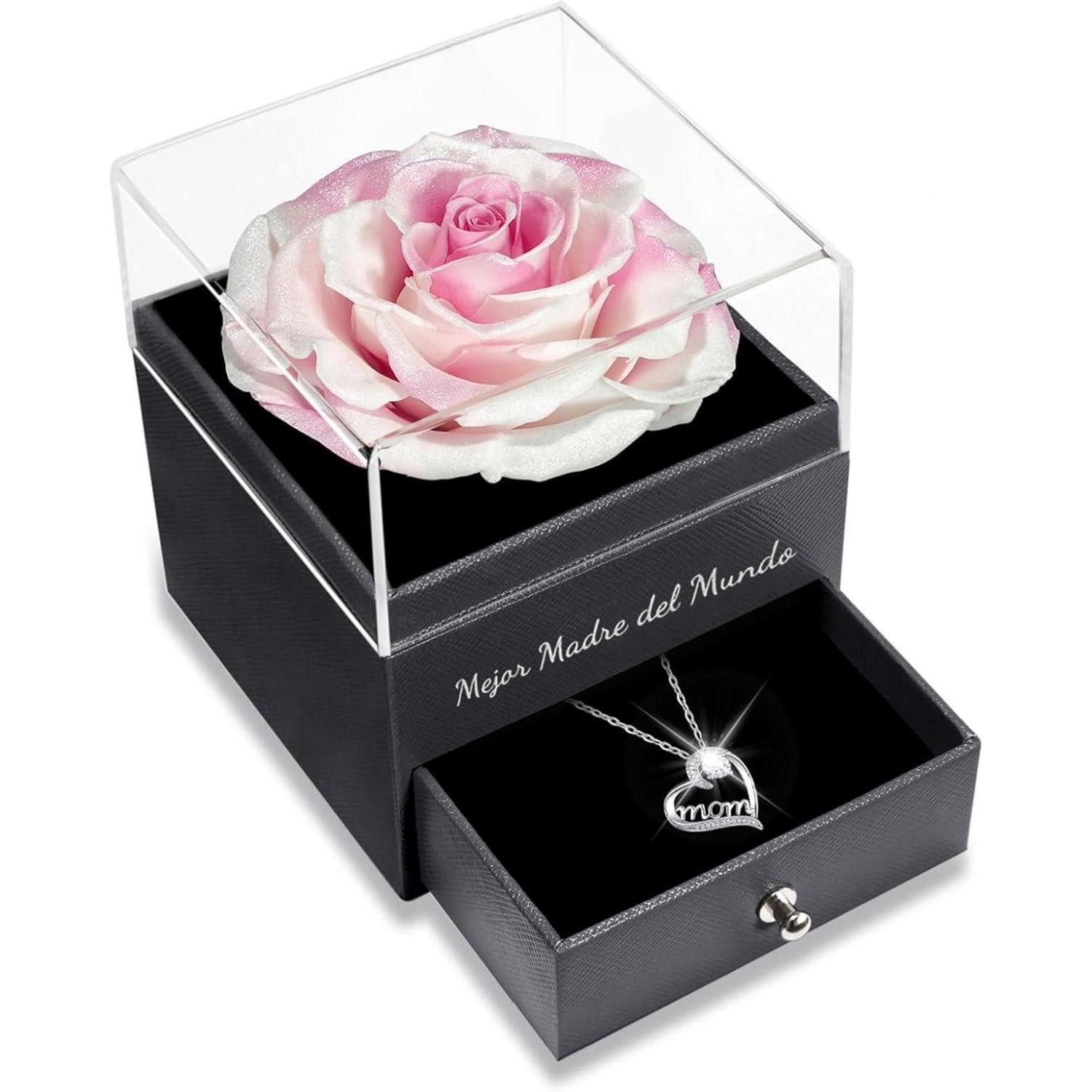 LuxusKollektion Schmuckset mit Gravur Halskette Mom 925 Sterlingsilber Rose Infinity Muttertag Weiß Rosa