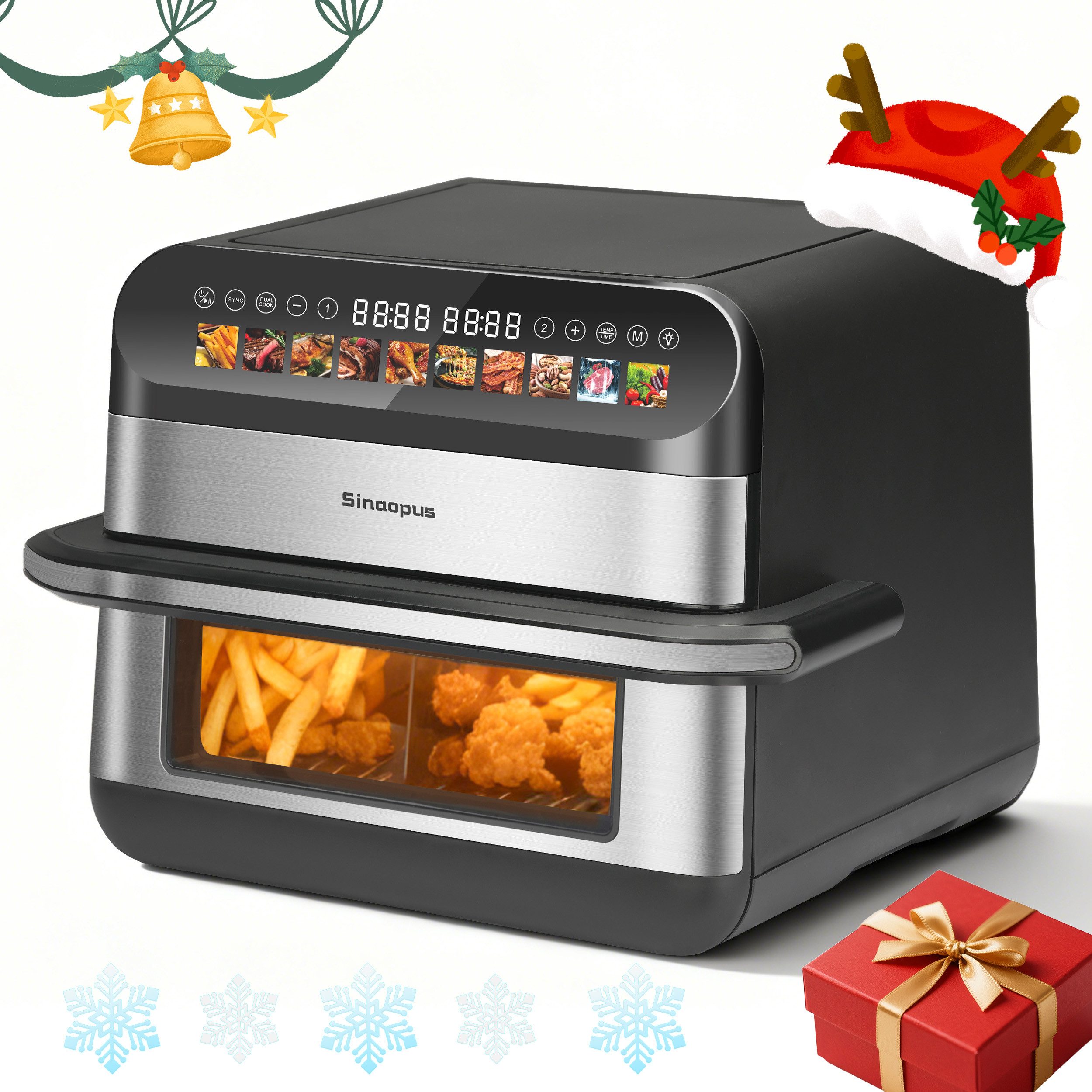 TAB Heißluftfritteuse Airfryer mit Doppelkammer & Sichtfenster, 10 Programme, 2400 W, getrennte Körbe mit Sichtfenster & Licht, synchronisiertes Garen