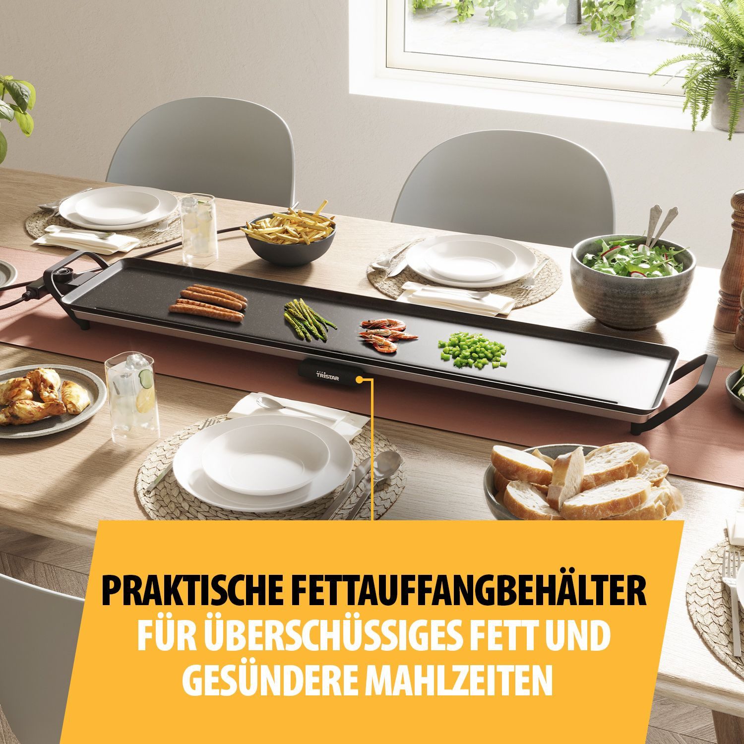 Tristar Tischgrill Tristar BP-2670 Tischgrill Slim XXL - Große Grillfläche, 1800 W, 100 x 22 cm – Abnehmbare Griffe